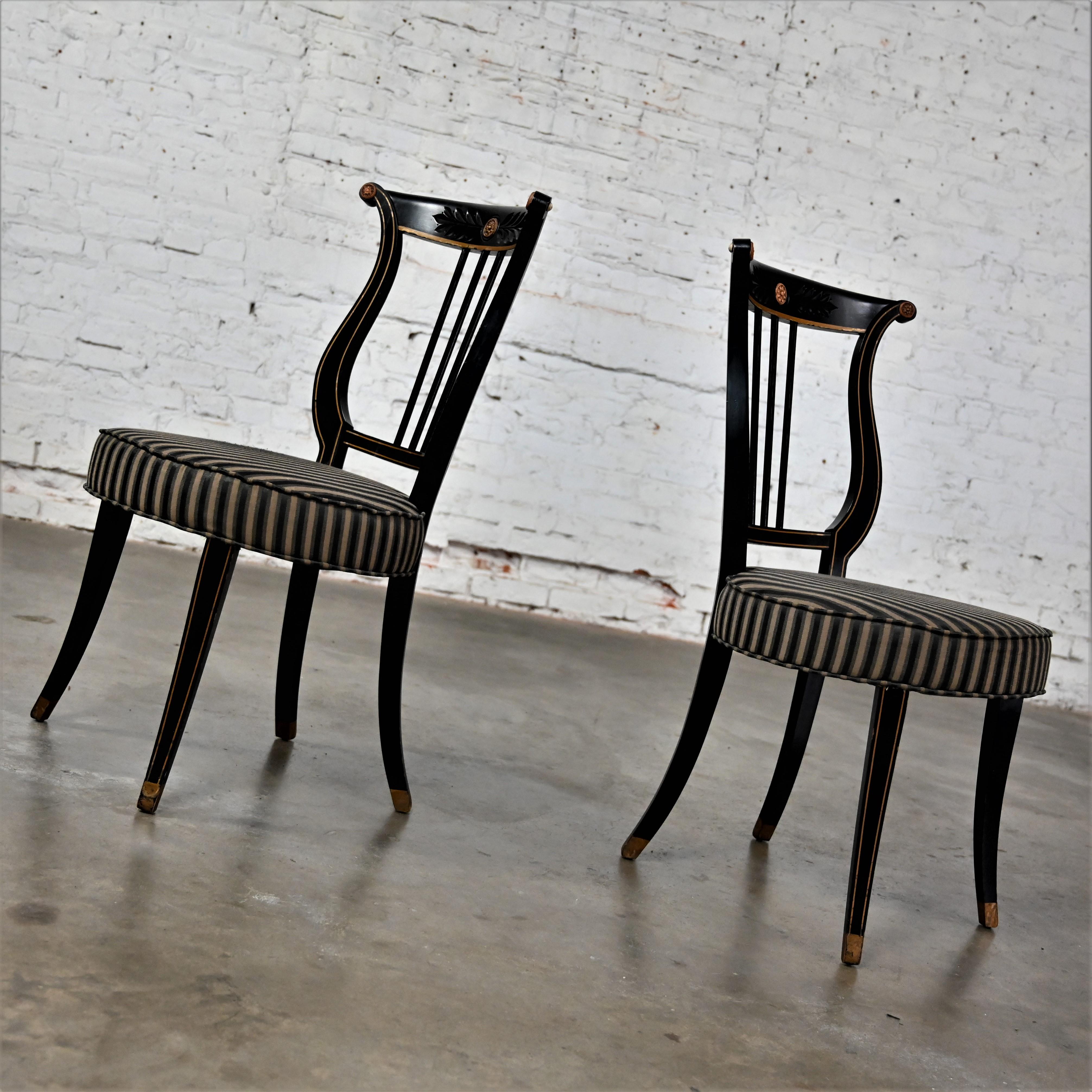 Unknown Early-Mid-20th Century Neoclassical Lyre Back Accent Chairs Black & Gold a Pair