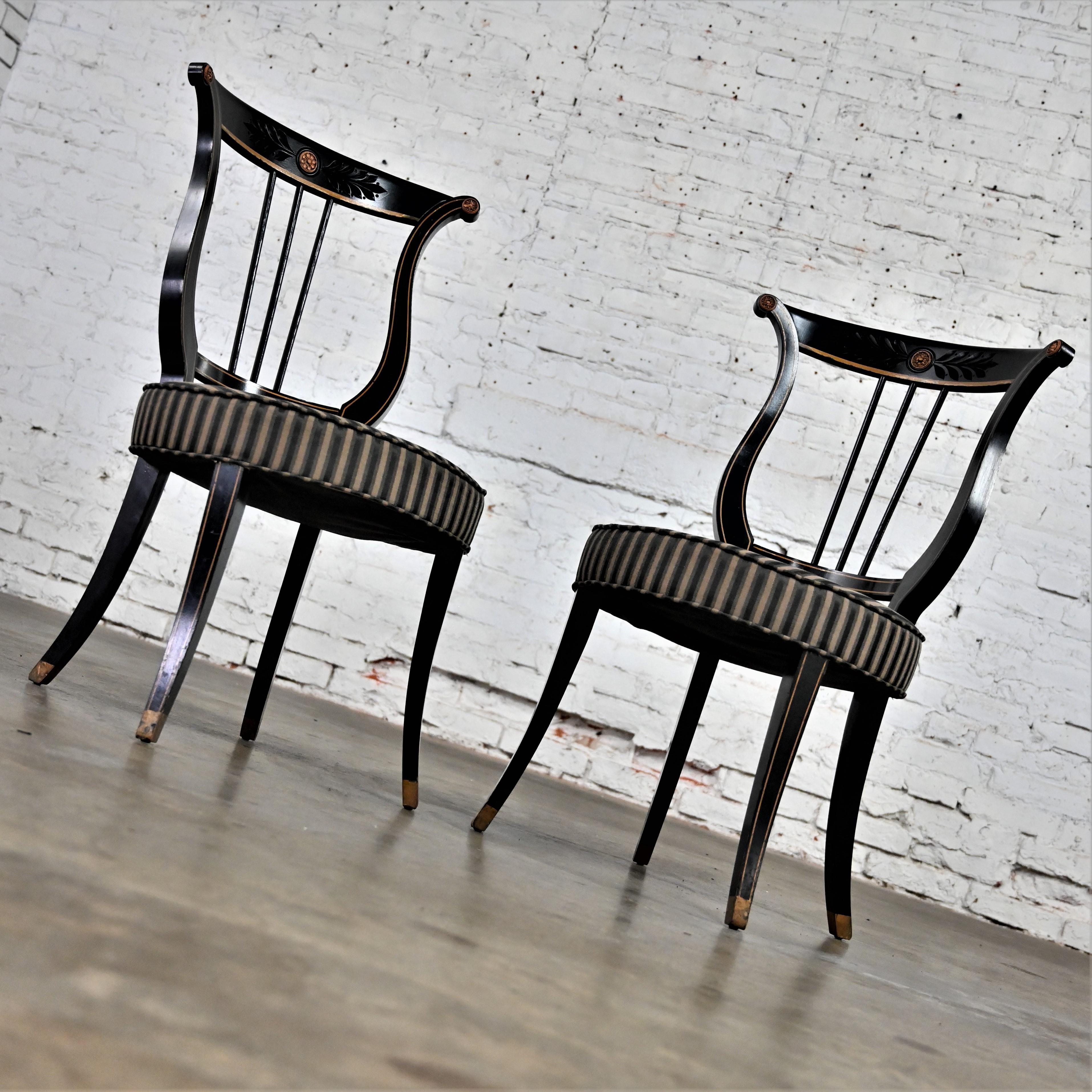 Fabric Early-Mid-20th Century Neoclassical Lyre Back Accent Chairs Black & Gold a Pair