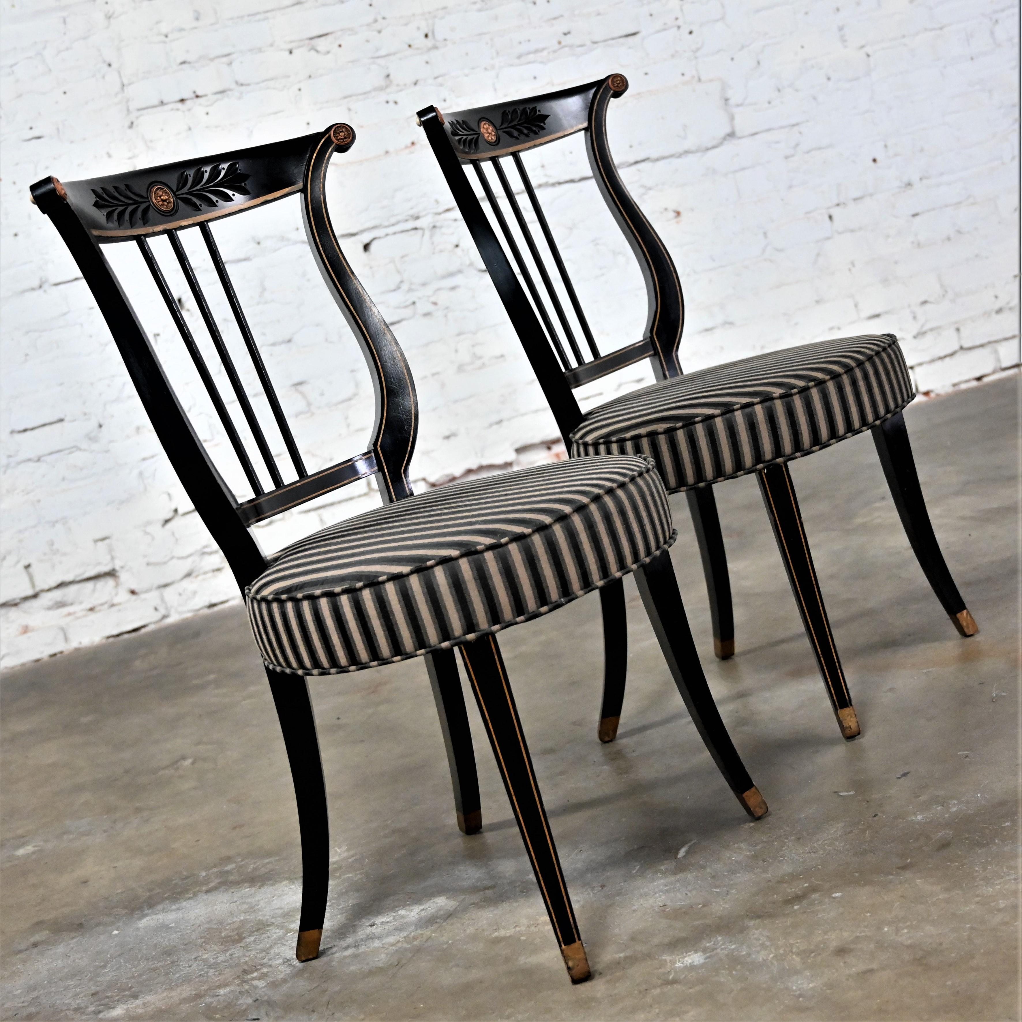 Early-Mid-20th Century Neoclassical Lyre Back Accent Chairs Black & Gold a Pair 1
