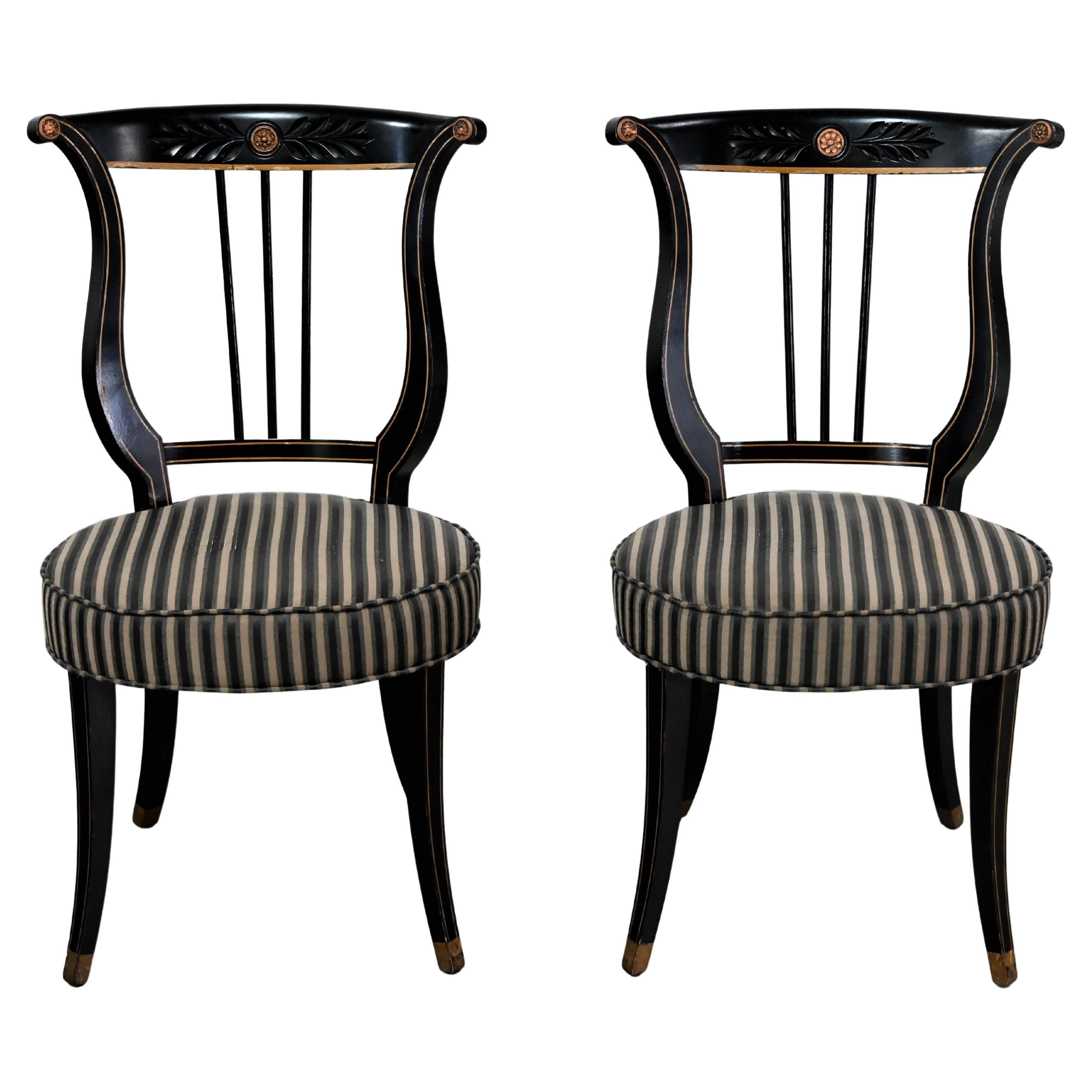 Early-Mid-20th Century Neoclassical Lyre Back Accent Chairs Black & Gold a Pair