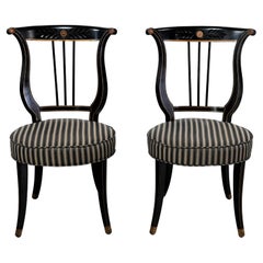 Early-Mid-20th Century Neoclassical Lyre Back Accent Chairs Black & Gold a Pair