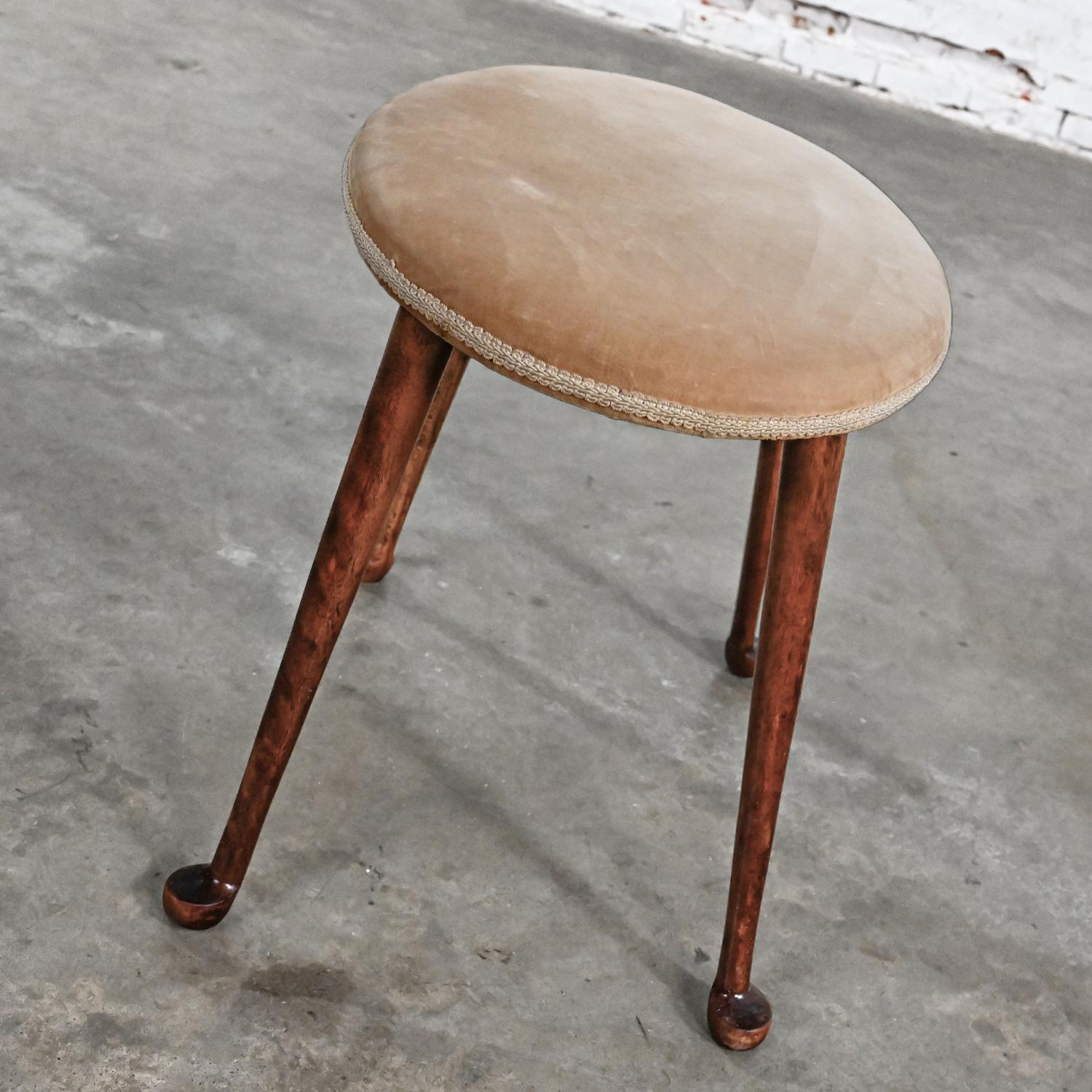 Early-Mid 20th Colonial Style Low Stool Conant Ball Oval Tan Velvet Maple Legs  6