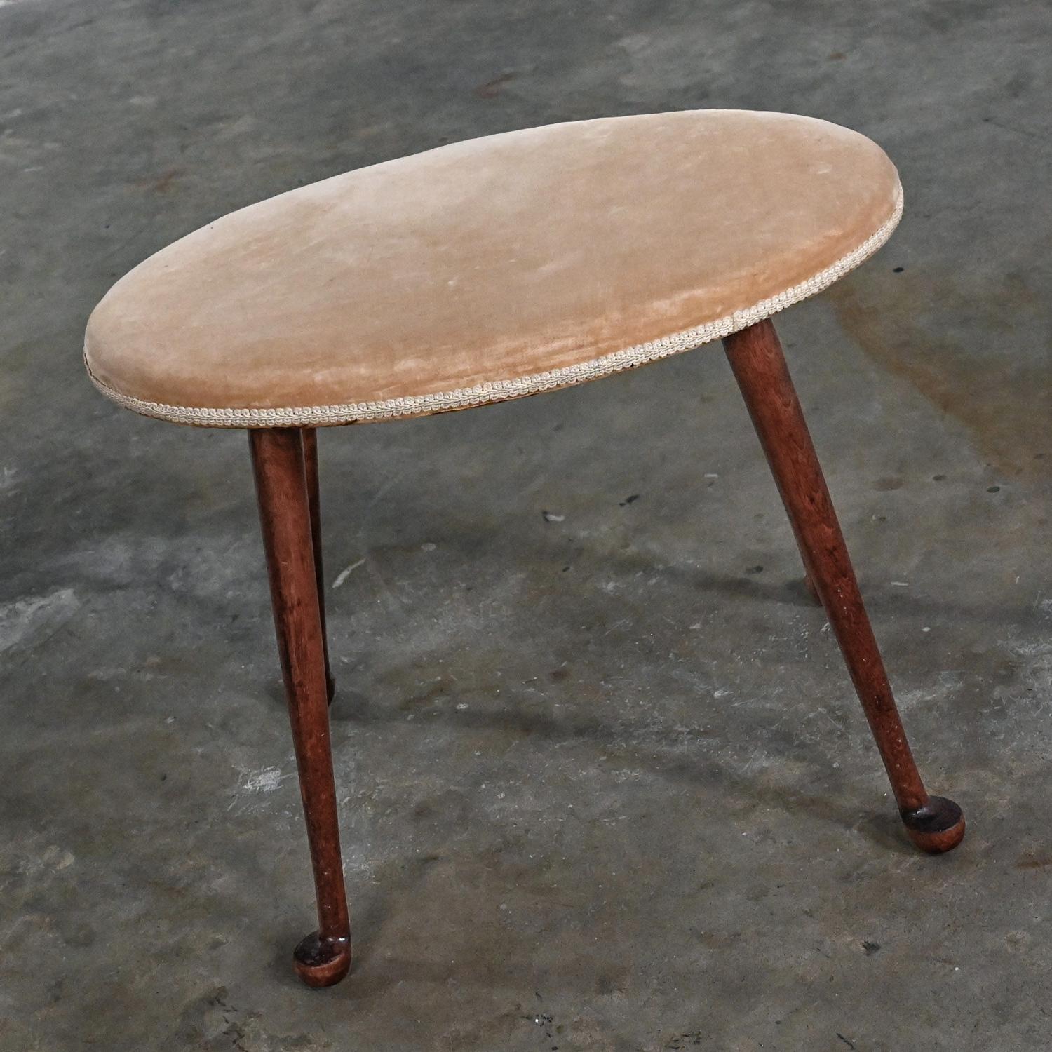 Early-Mid 20th Colonial Style Low Stool Conant Ball Oval Tan Velvet Maple Legs  8