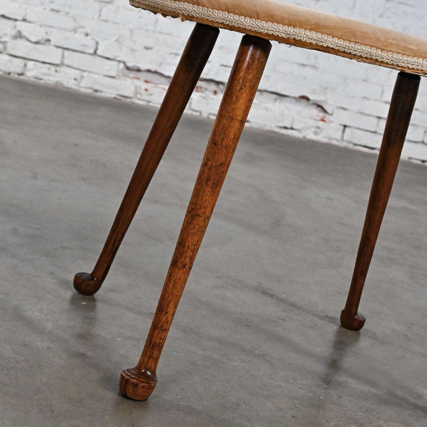Early-Mid 20th Colonial Style Low Stool Conant Ball Oval Tan Velvet Maple Legs  9