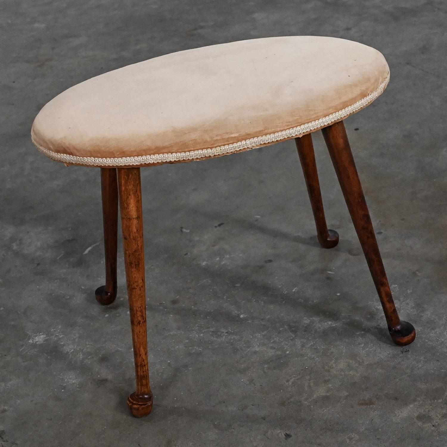 Colonial Revival Early-Mid 20th Colonial Style Low Stool Conant Ball Oval Tan Velvet Maple Legs 