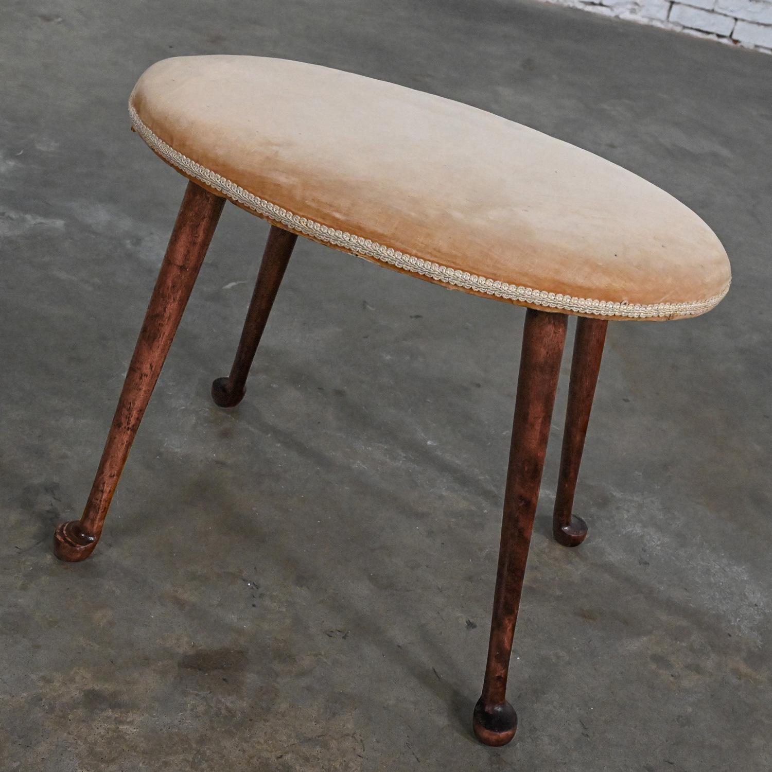 American Early-Mid 20th Colonial Style Low Stool Conant Ball Oval Tan Velvet Maple Legs 