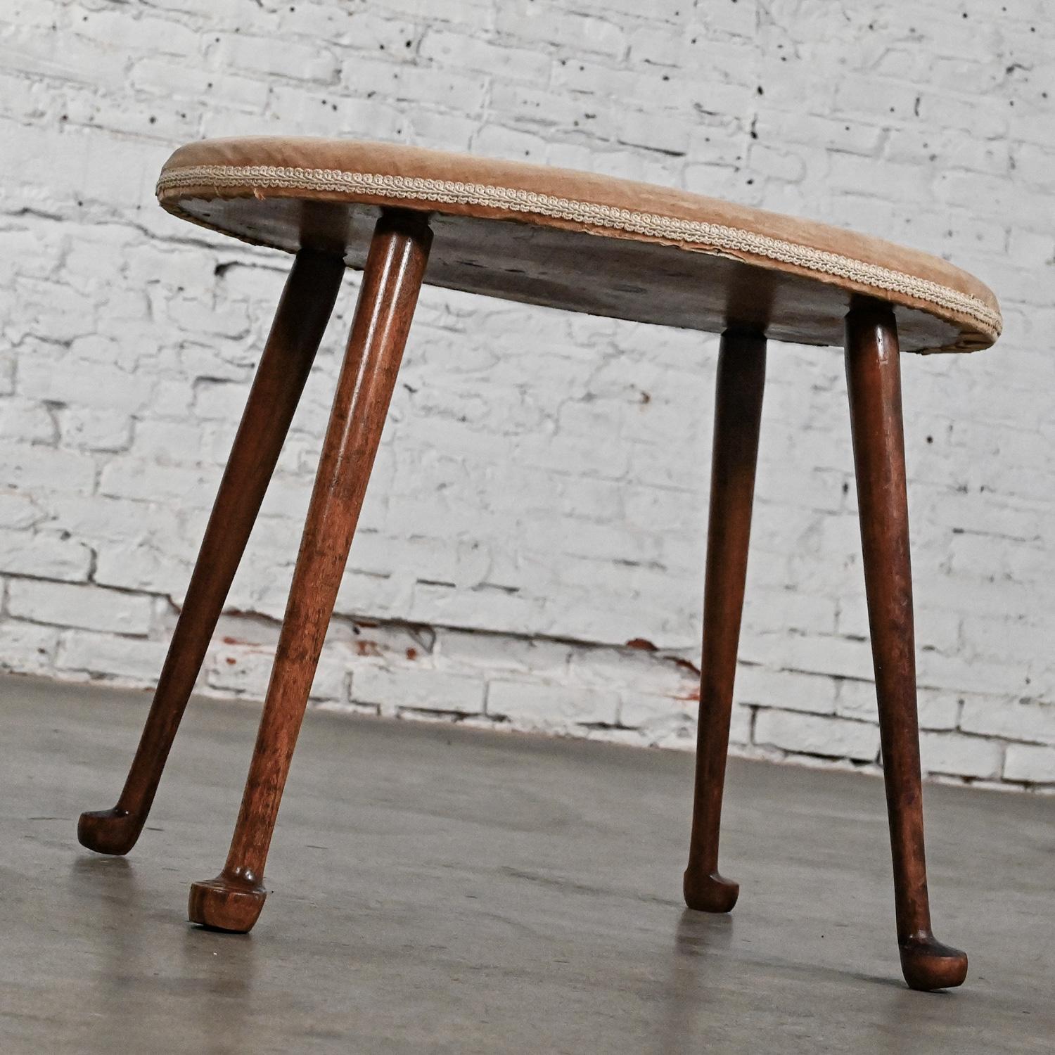 20th Century Early-Mid 20th Colonial Style Low Stool Conant Ball Oval Tan Velvet Maple Legs 