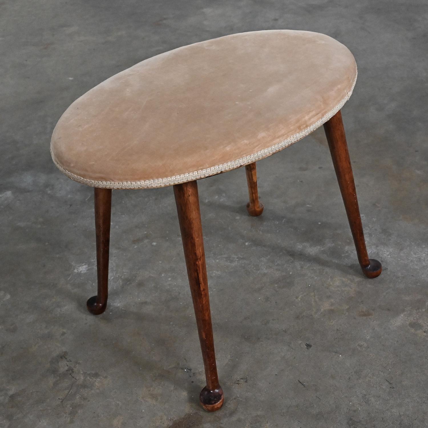 Early-Mid 20th Colonial Style Low Stool Conant Ball Oval Tan Velvet Maple Legs  1