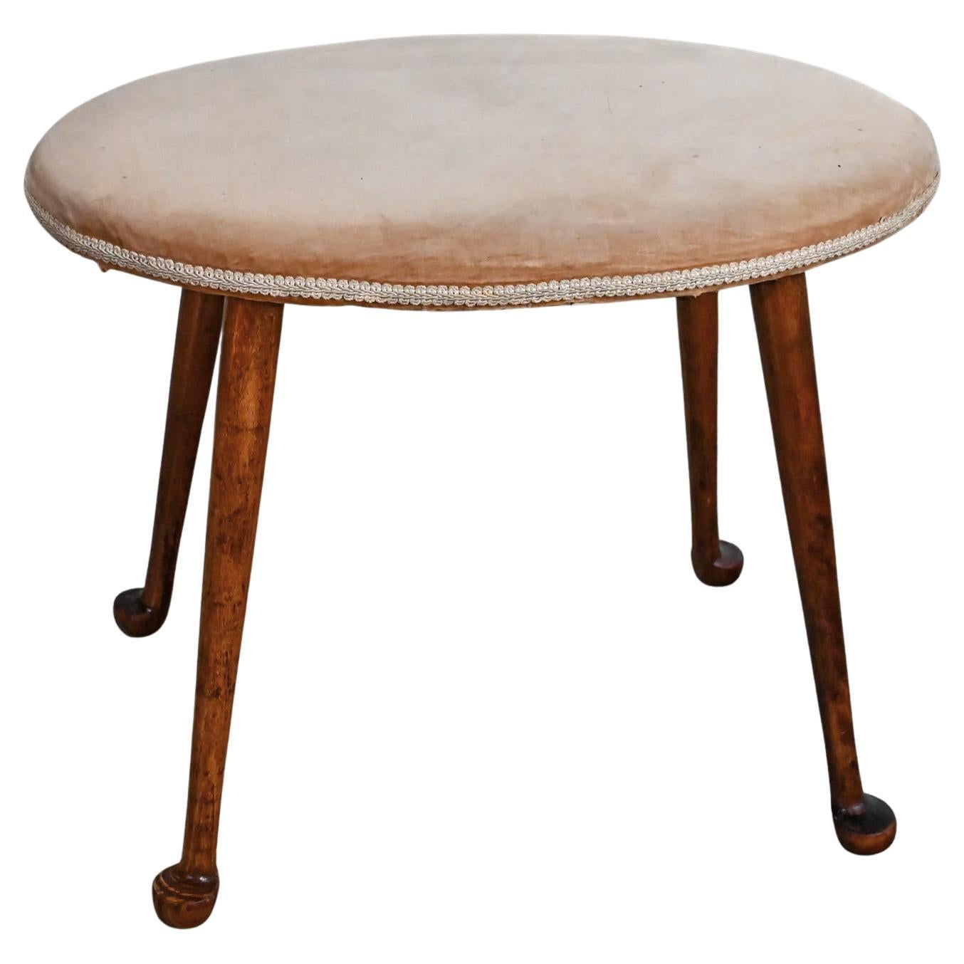 Early-Mid 20th Colonial Style Low Stool Conant Ball Oval Tan Velvet Maple Legs 