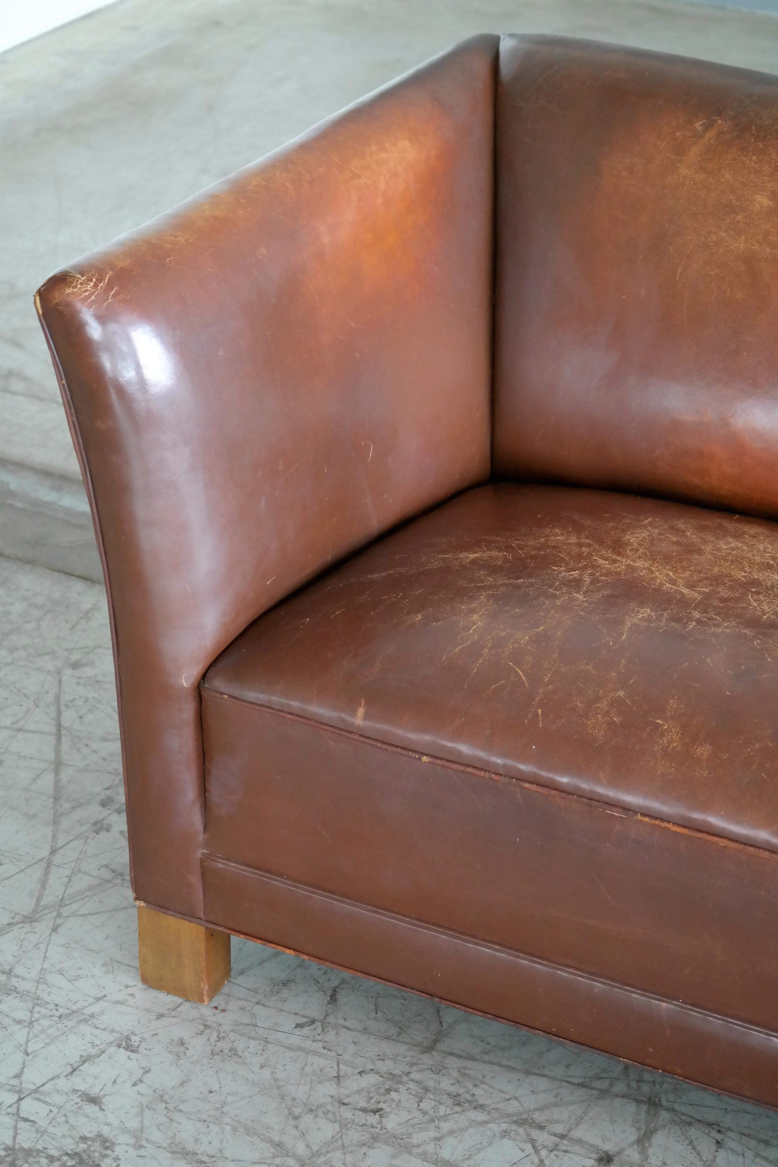 Mid-Century Modern Early Midcentury Club Sofa by Fritz Hansen in Chestnut Brown Worn Leather