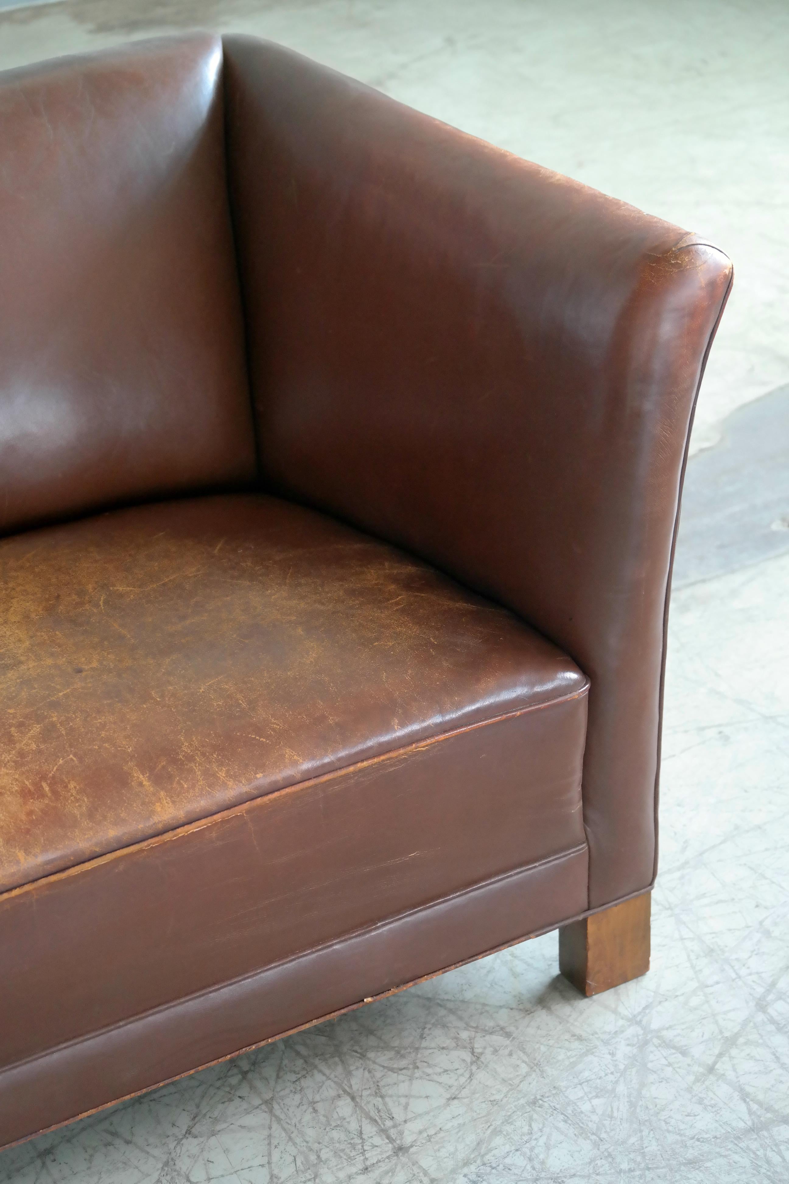 Danish Early Midcentury Club Sofa by Fritz Hansen in Chestnut Brown Worn Leather