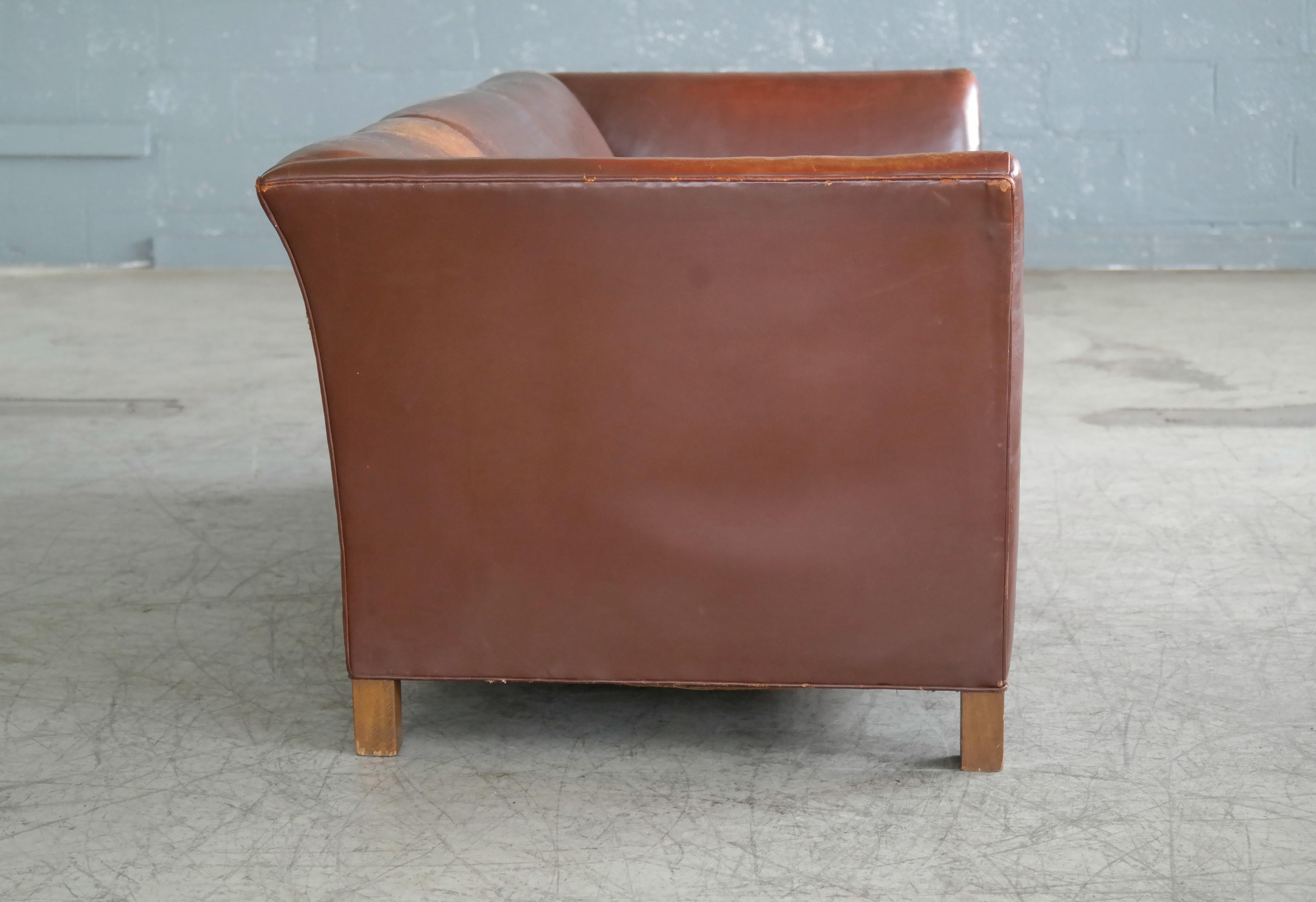 Mid-20th Century Early Midcentury Club Sofa by Fritz Hansen in Chestnut Brown Worn Leather