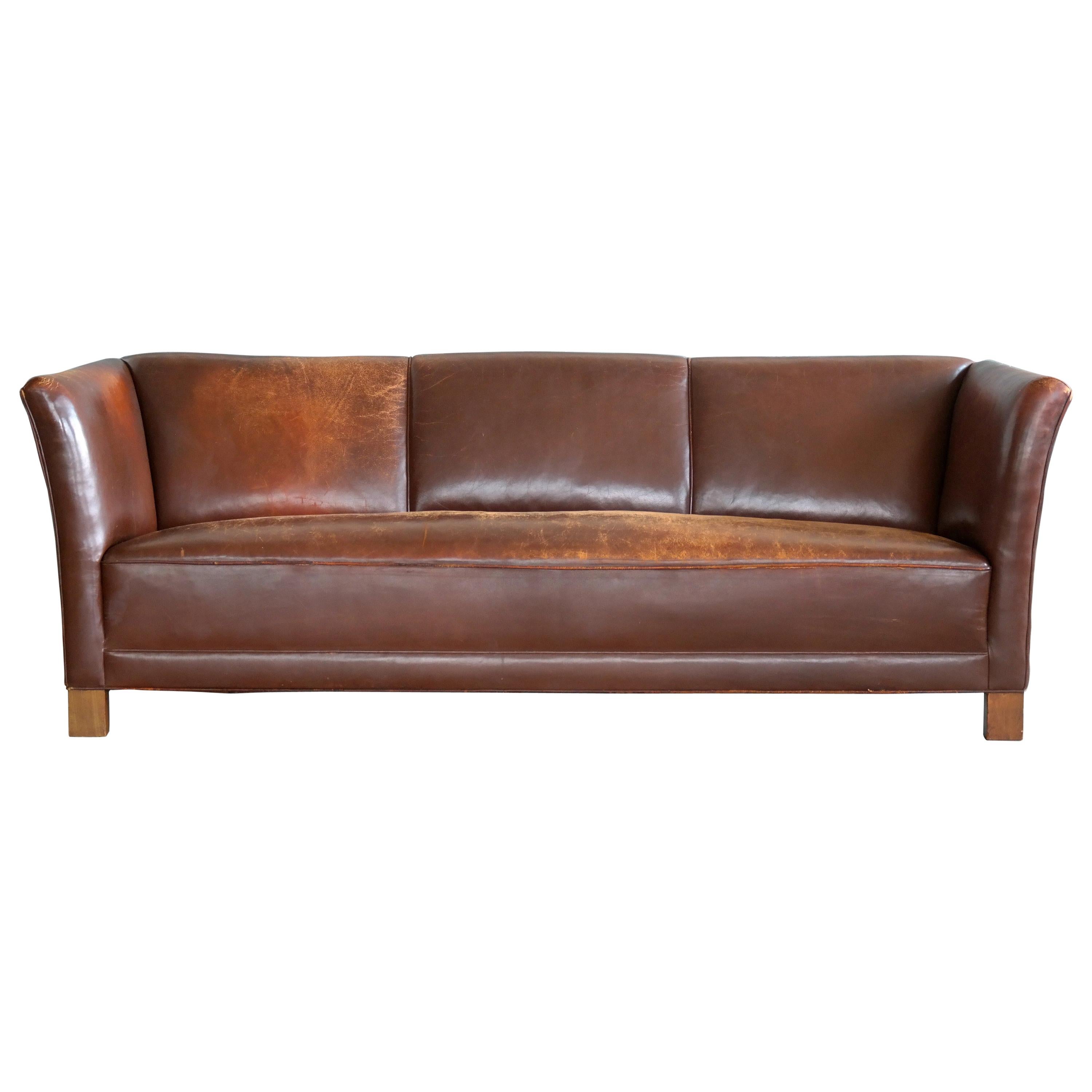 Early Midcentury Club Sofa by Fritz Hansen in Chestnut Brown Worn Leather