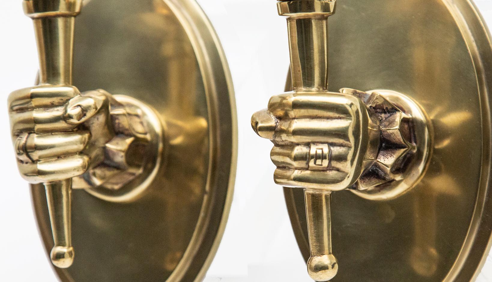 Early Midcentury Hand Holding Torch Wall Sconces In Excellent Condition In New York, NY