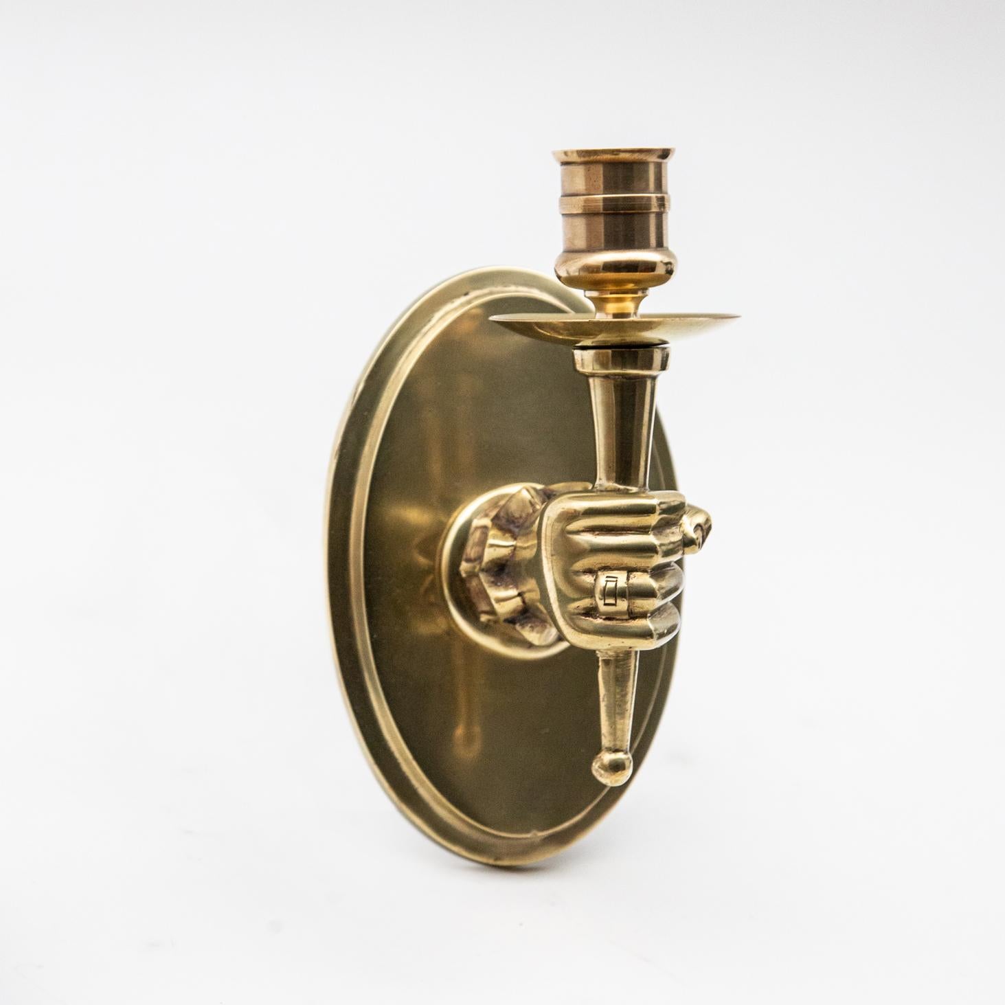 Brass Early Midcentury Hand Holding Torch Wall Sconces
