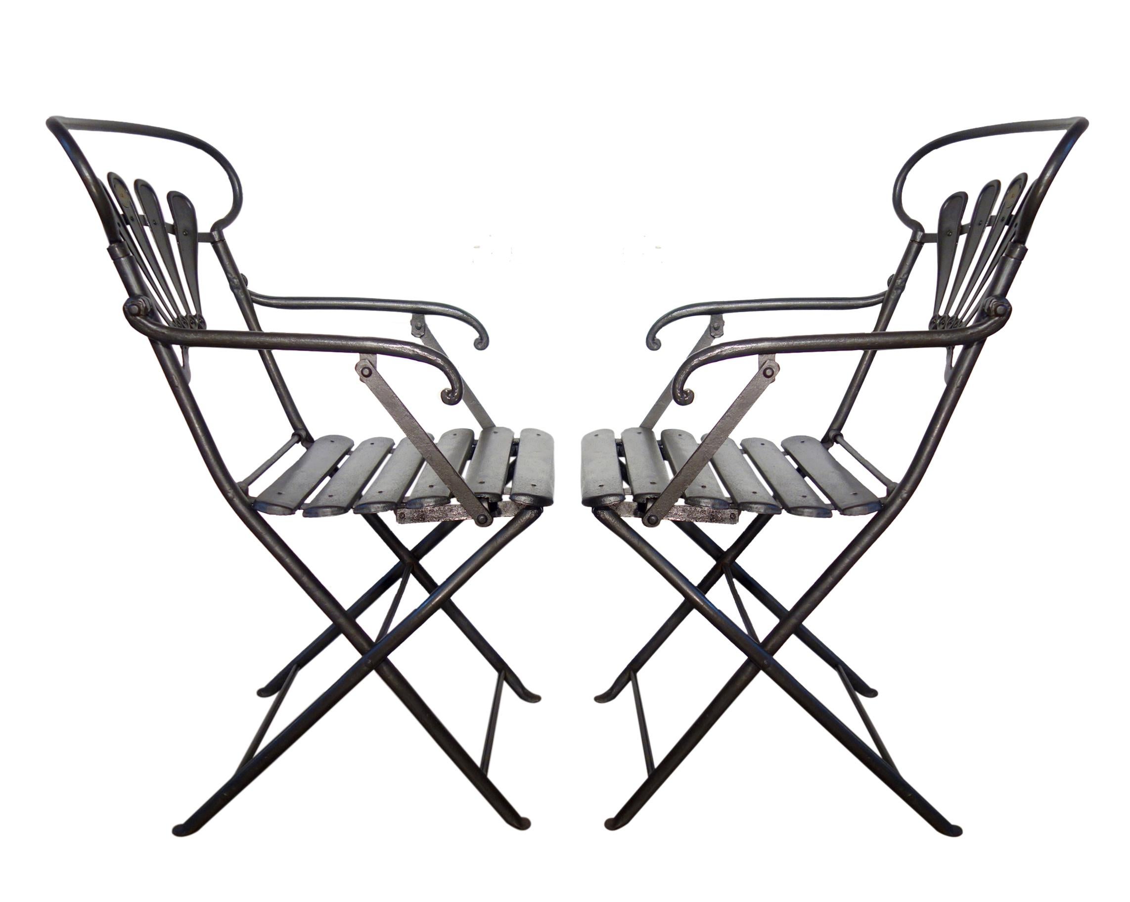 Art Deco Early Mid Century Italian Wrought Iron Folding Armchair Pair by Carlo Crespi For Sale
