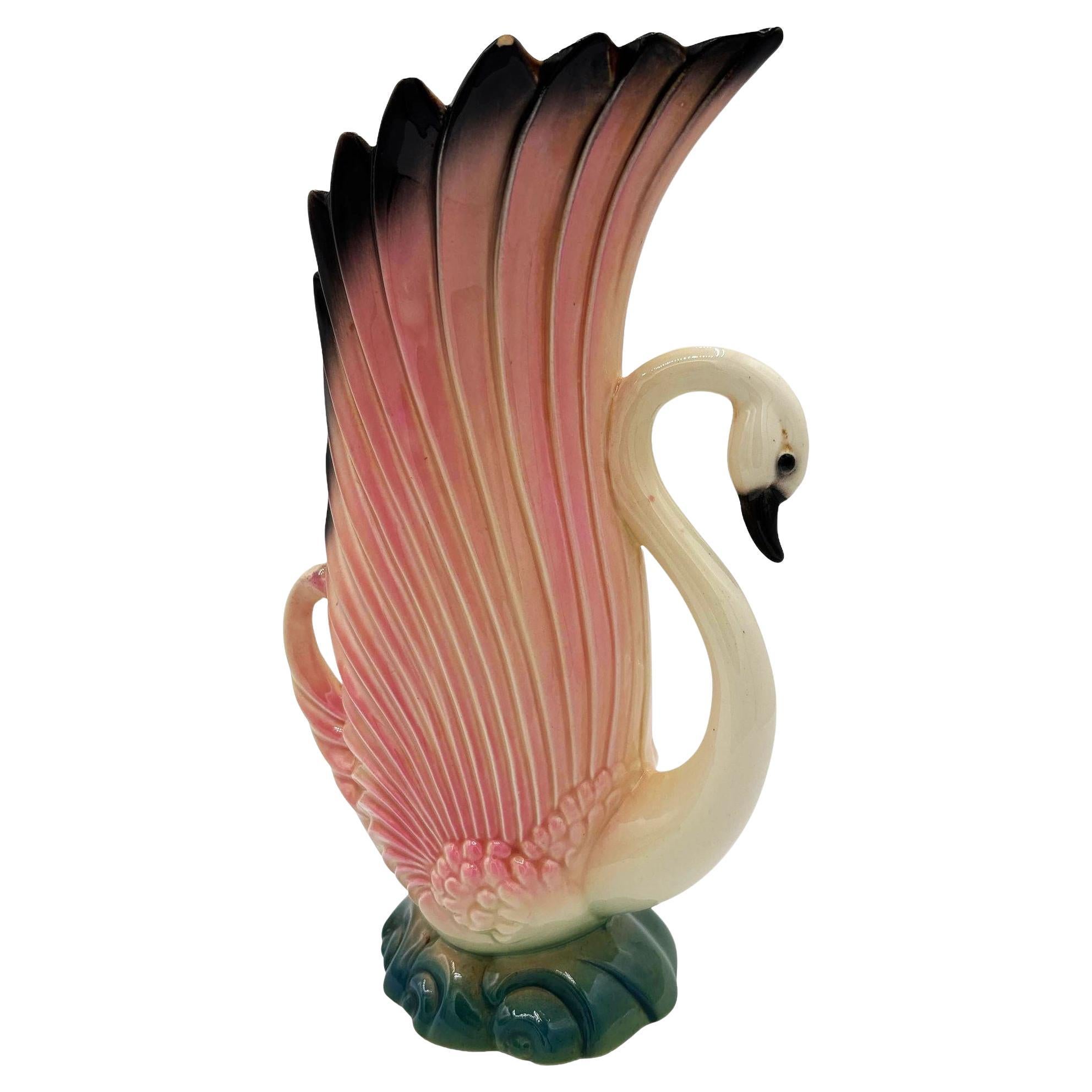 Frühe Mitte des Jahrhunderts Rosa & Schwarz Keramik Schwan Blume Tischvase von Maddux im Angebot