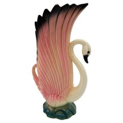 Early Mid-century Pink & Black Ceramic Swan Flower Table Vase by Maddux