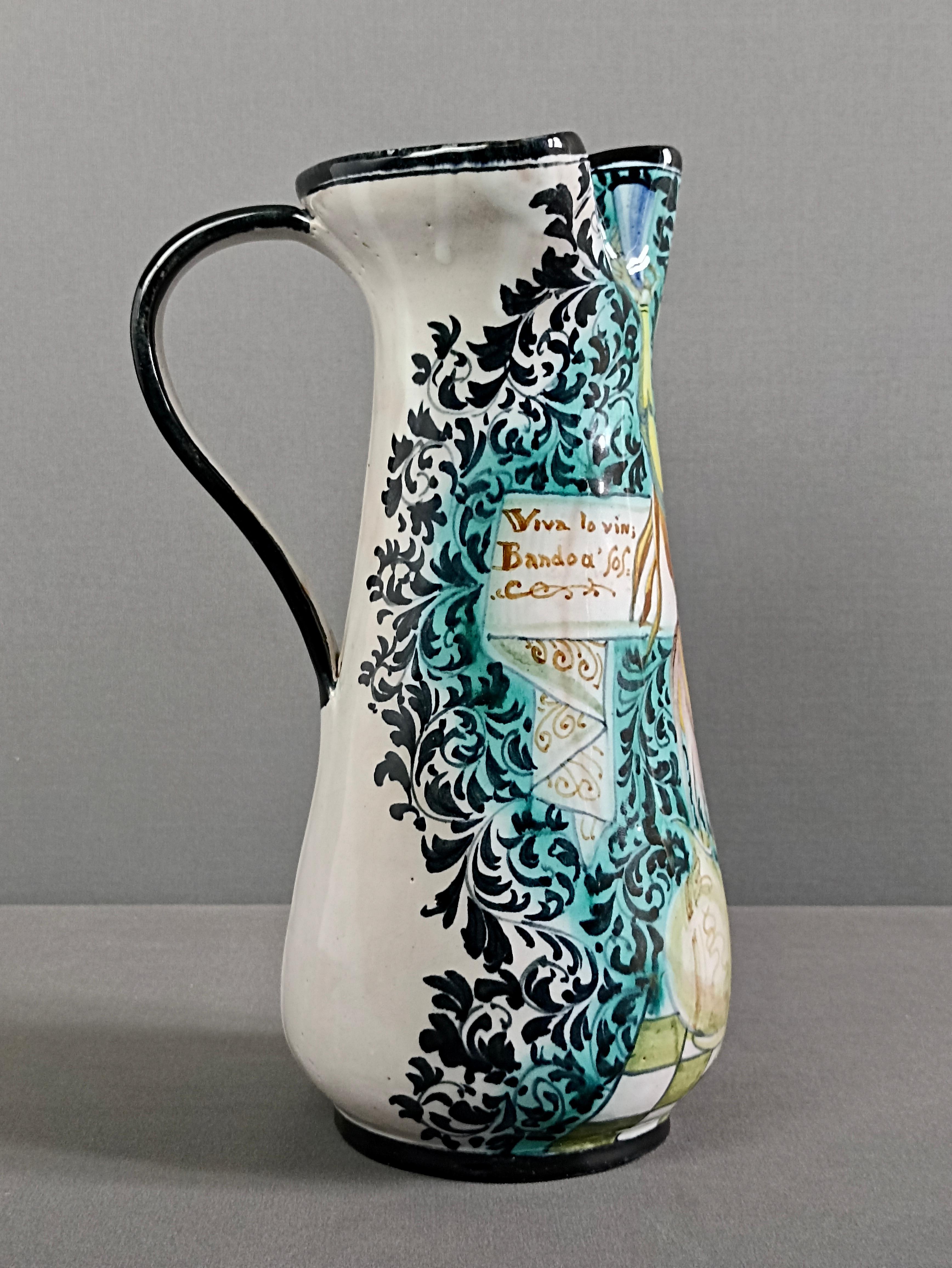 Mid-Century Modern Early Mid-Century Renaissance style ceramic wine jug. Marked Ciccoli, Pesaro. For Sale