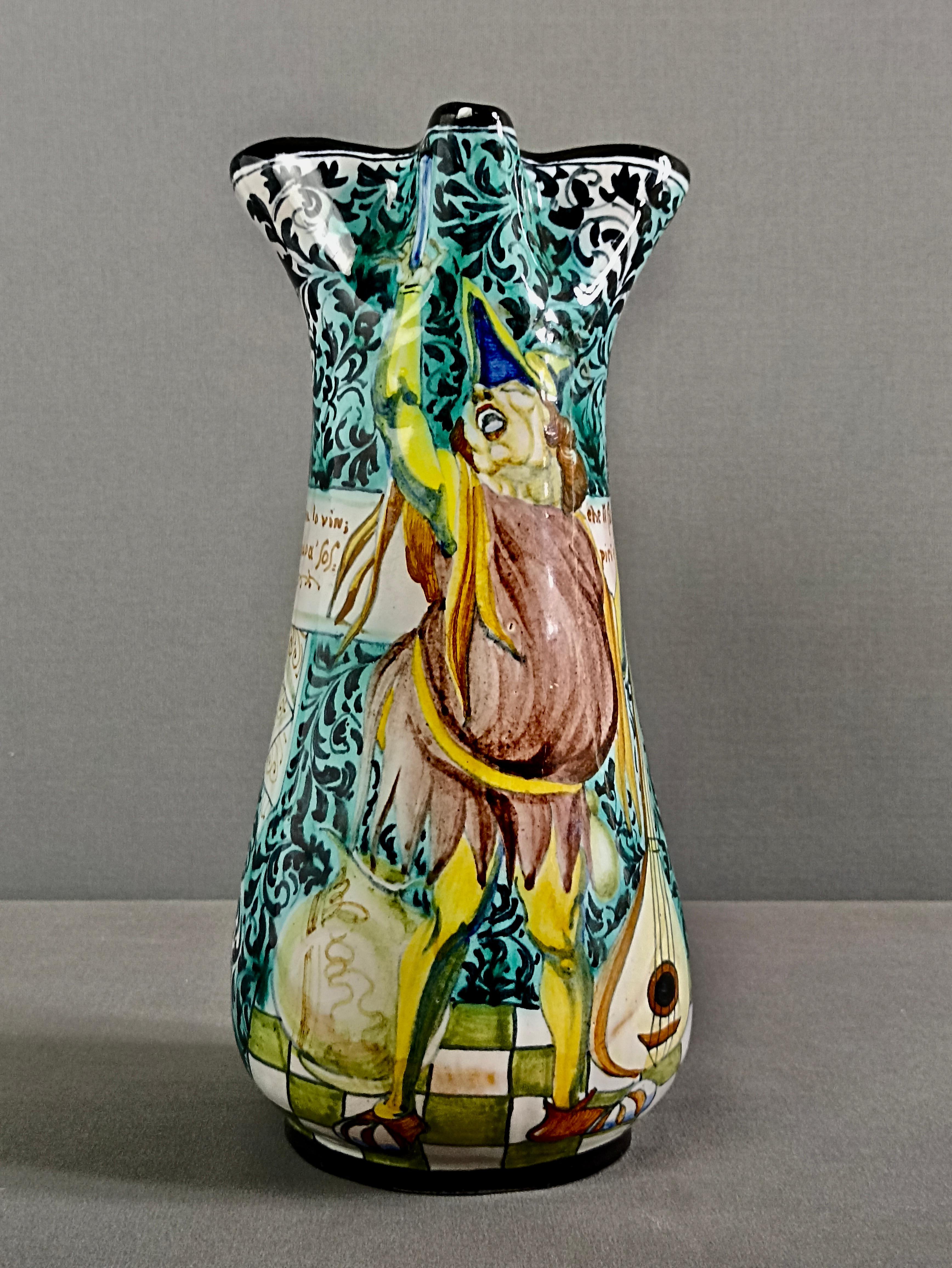 Italian Early Mid-Century Renaissance style ceramic wine jug. Marked Ciccoli, Pesaro. For Sale