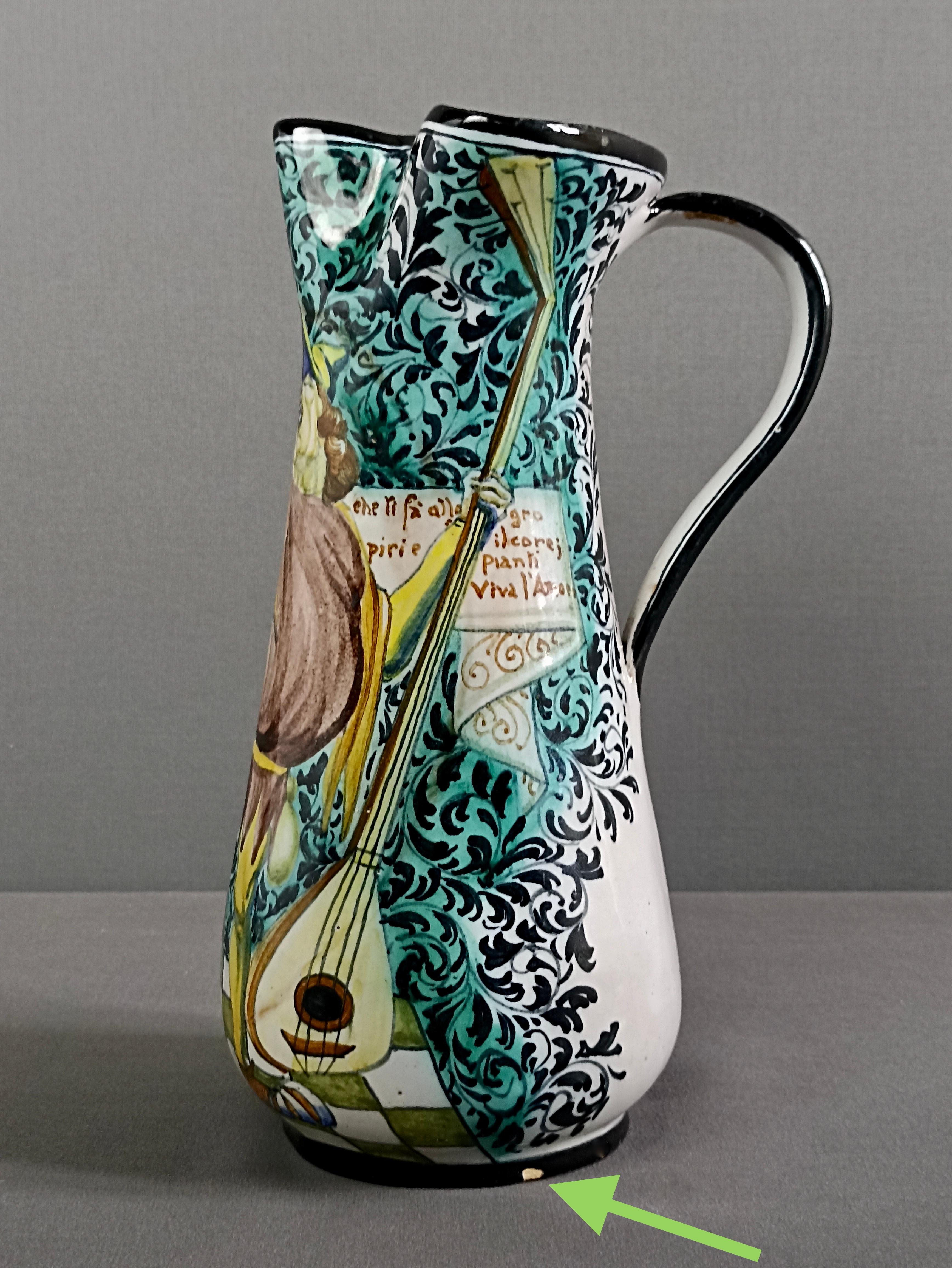 Early Mid-Century Renaissance style ceramic wine jug. Marked Ciccoli, Pesaro. For Sale 10