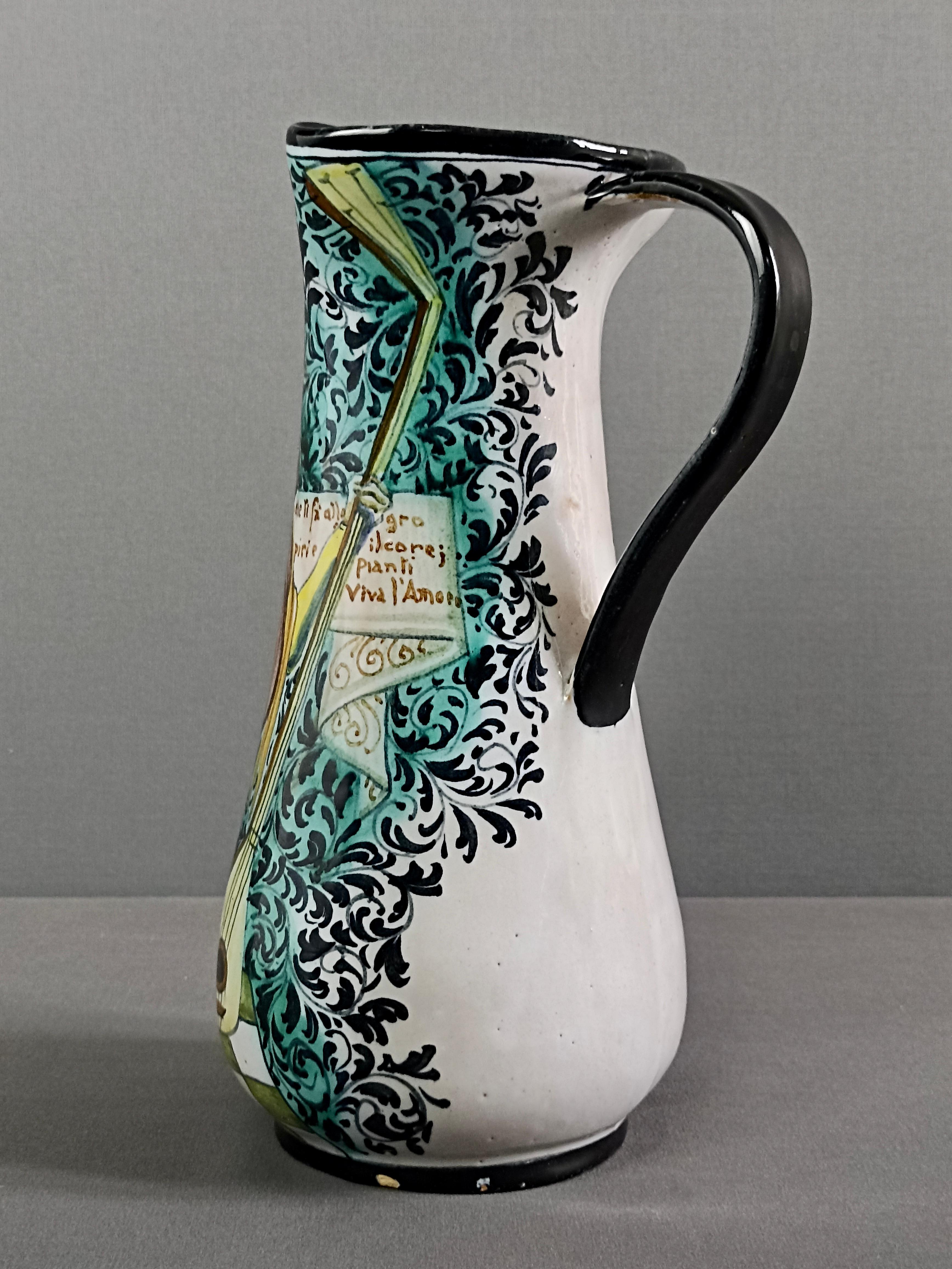 Ceramic Early Mid-Century Renaissance style ceramic wine jug. Marked Ciccoli, Pesaro. For Sale
