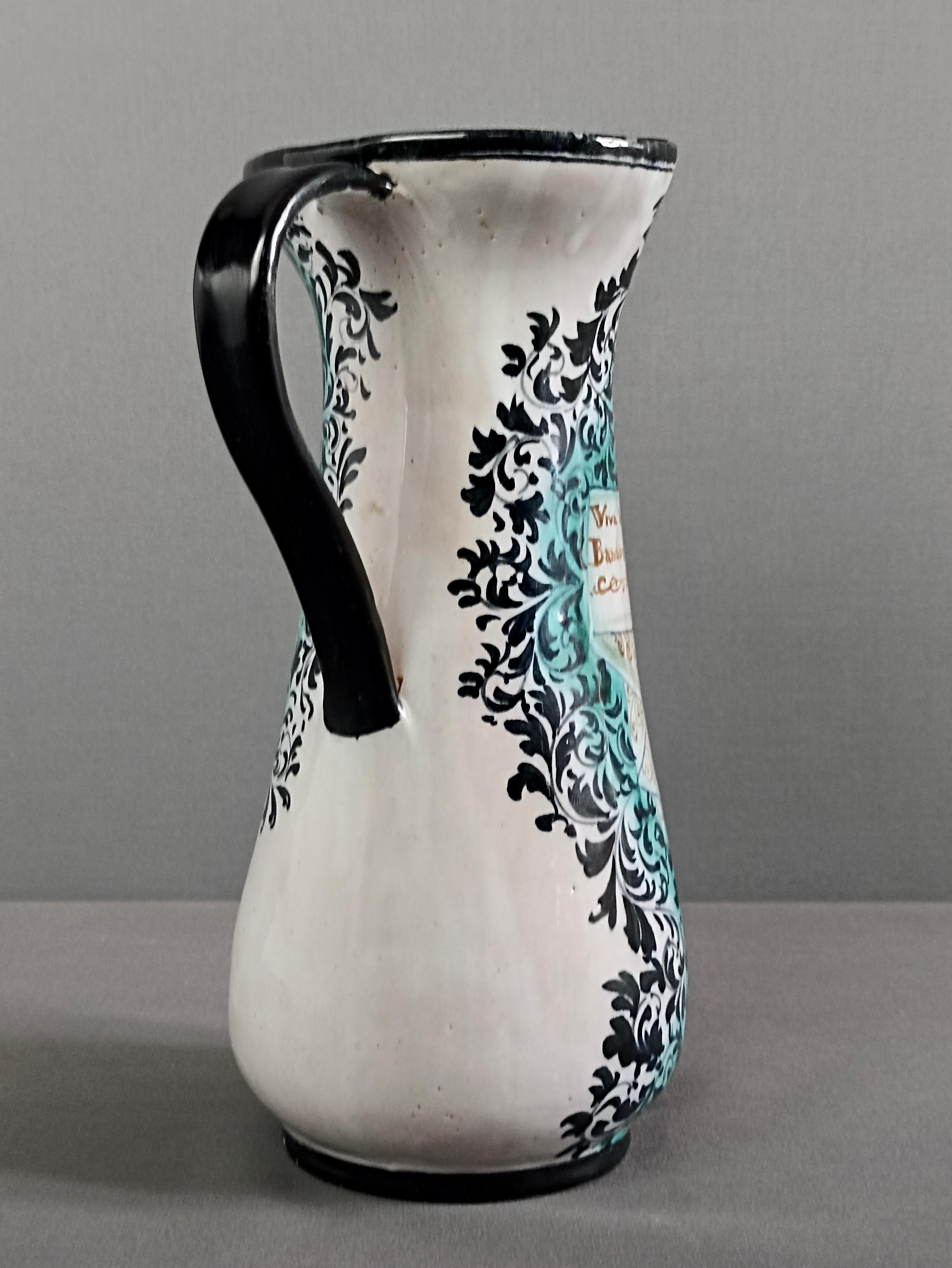 Early Mid-Century Renaissance style ceramic wine jug. Marked Ciccoli, Pesaro. For Sale 1