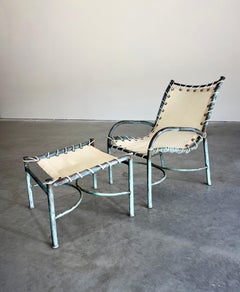 Early Mid Century Robert Lewis Patinated Bronze Patio Lounge Chair Ottoman Set
