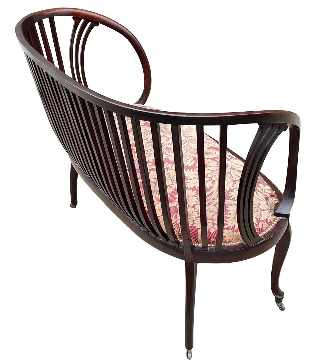 Fabric Early Mid Century Transitional Modern Spindle Back Bench or Settee in Mahogany For Sale