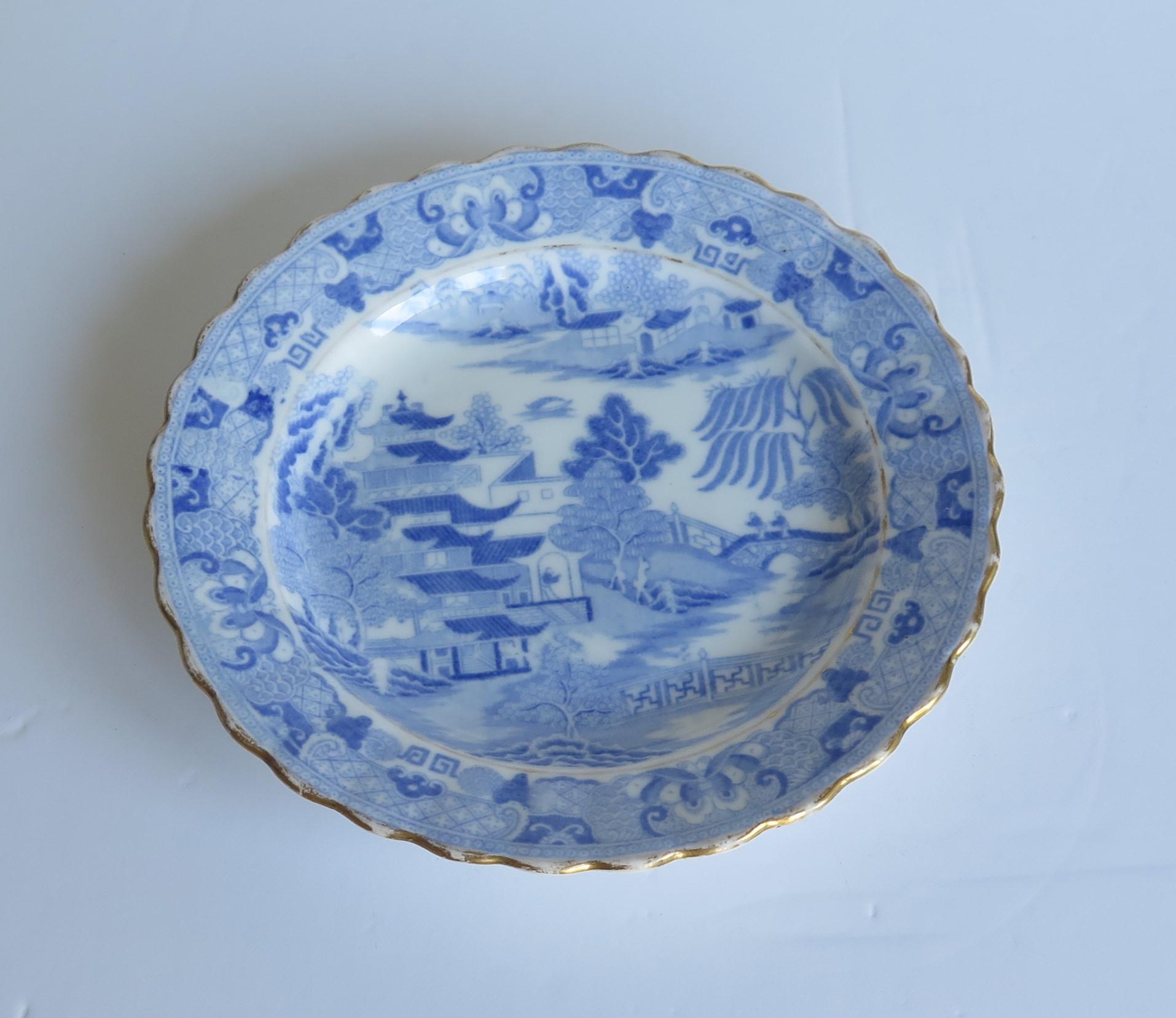 Chinoiserie Early Miles Mason Desert Dish or Plate Blue and White Boy at the Door Pattern