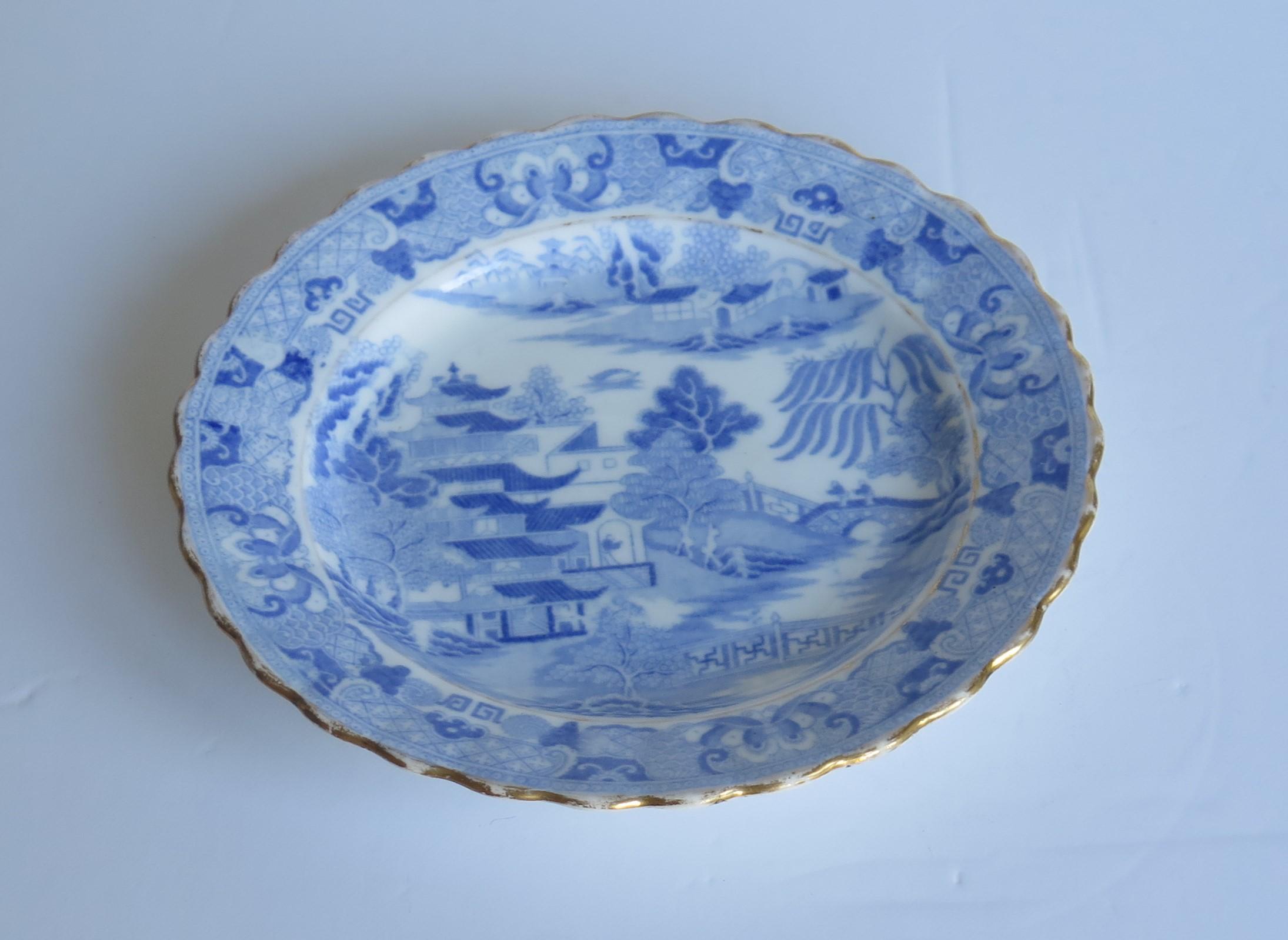 English Early Miles Mason Desert Dish or Plate Blue and White Boy at the Door Pattern