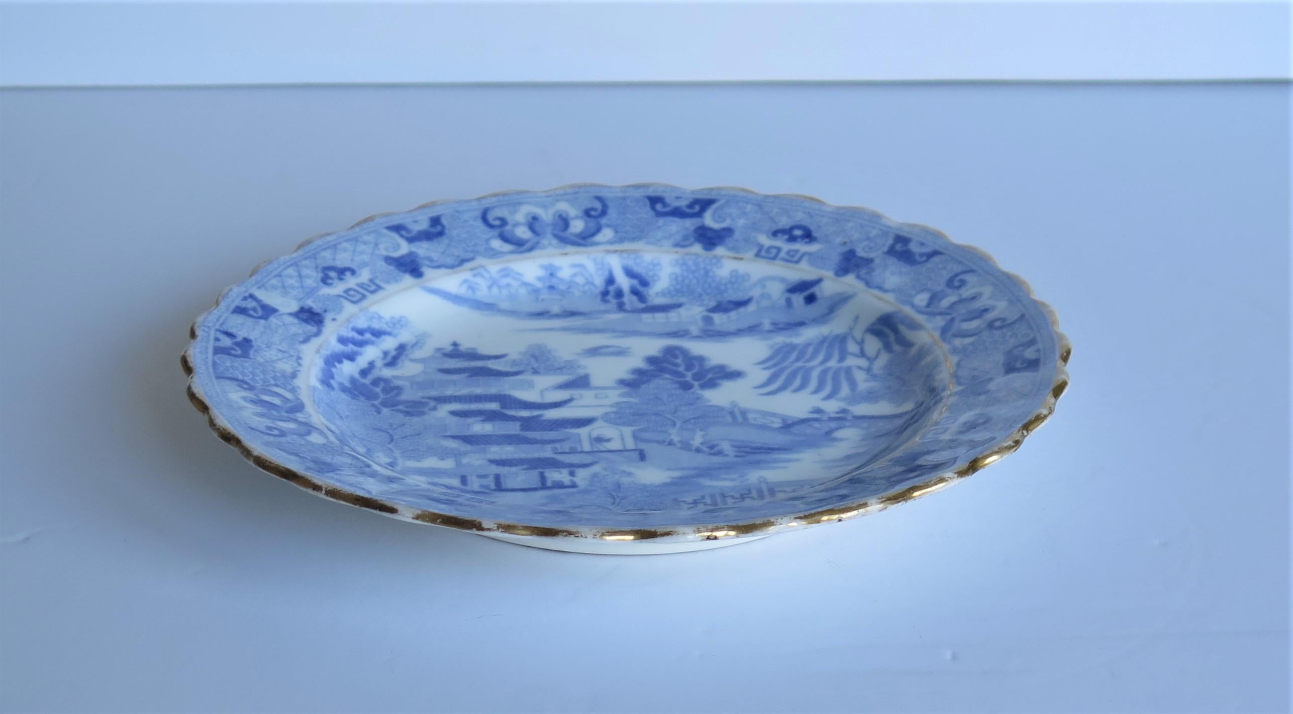 Glazed Early Miles Mason Desert Dish or Plate Blue and White Boy at the Door Pattern