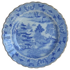 Early Miles Mason Desert Dish or Plate Blue and White Boy at the Door Pattern