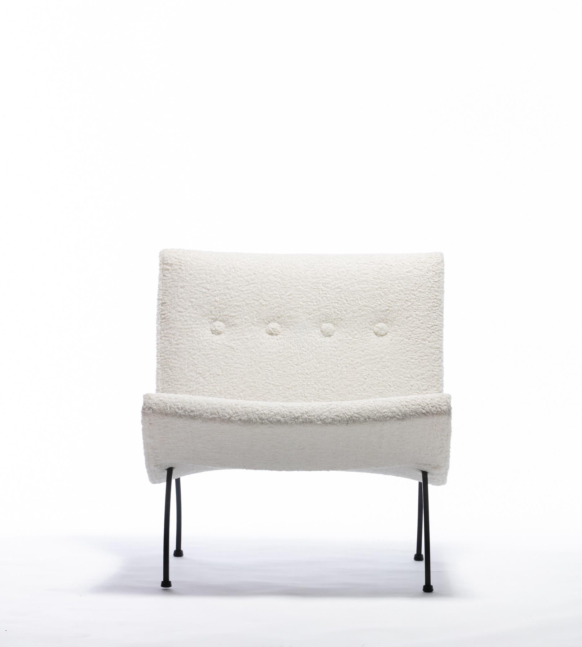 Mid-Century Modern Ivory Shearling Milo Baughman Scoop Chair with Iron Legs, Circa 1950s