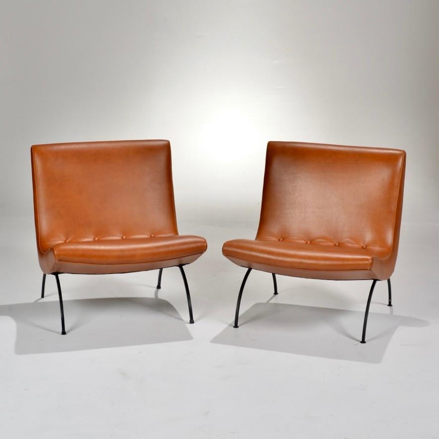 Early Milo Baughman for Thayer Coggin scoop chairs in reupholstered cognac leather with wrought iron base. Excellent condition.

All items are available to view at our DTLA Arts District Warehouse.