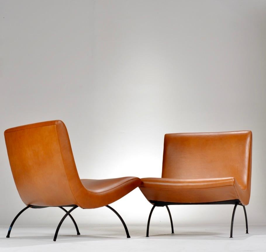 Early Milo Baughman Scoop Chairs in Leather Set of 2 1
