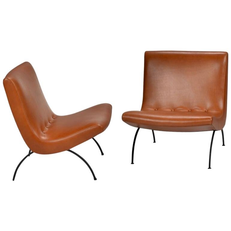 Early Milo Baughman Scoop Chairs in Leather Set of 2