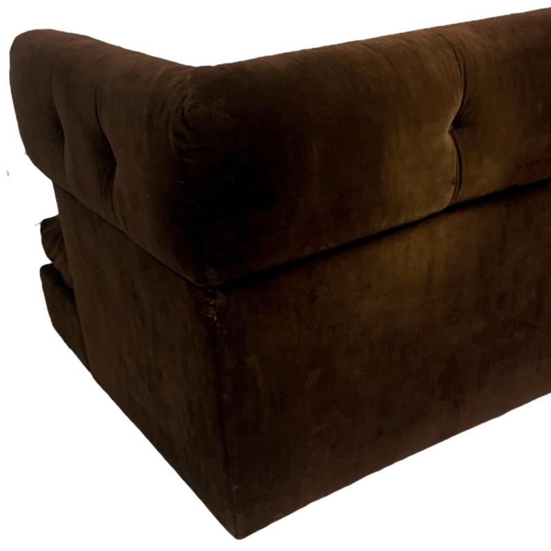 Brass Early Milo Baughman Shelter Sofa in Chocolate Brown Velour Midcentury Mod 