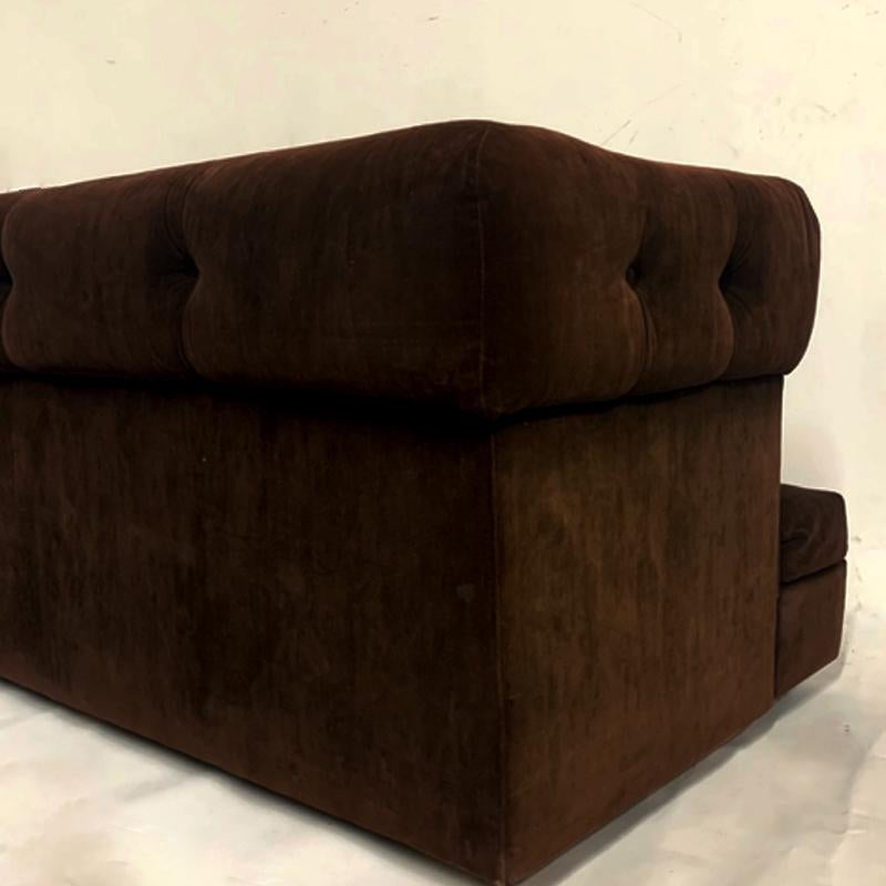 American Early Milo Baughman Shelter Sofa in Chocolate Brown Velour Midcentury Mod 