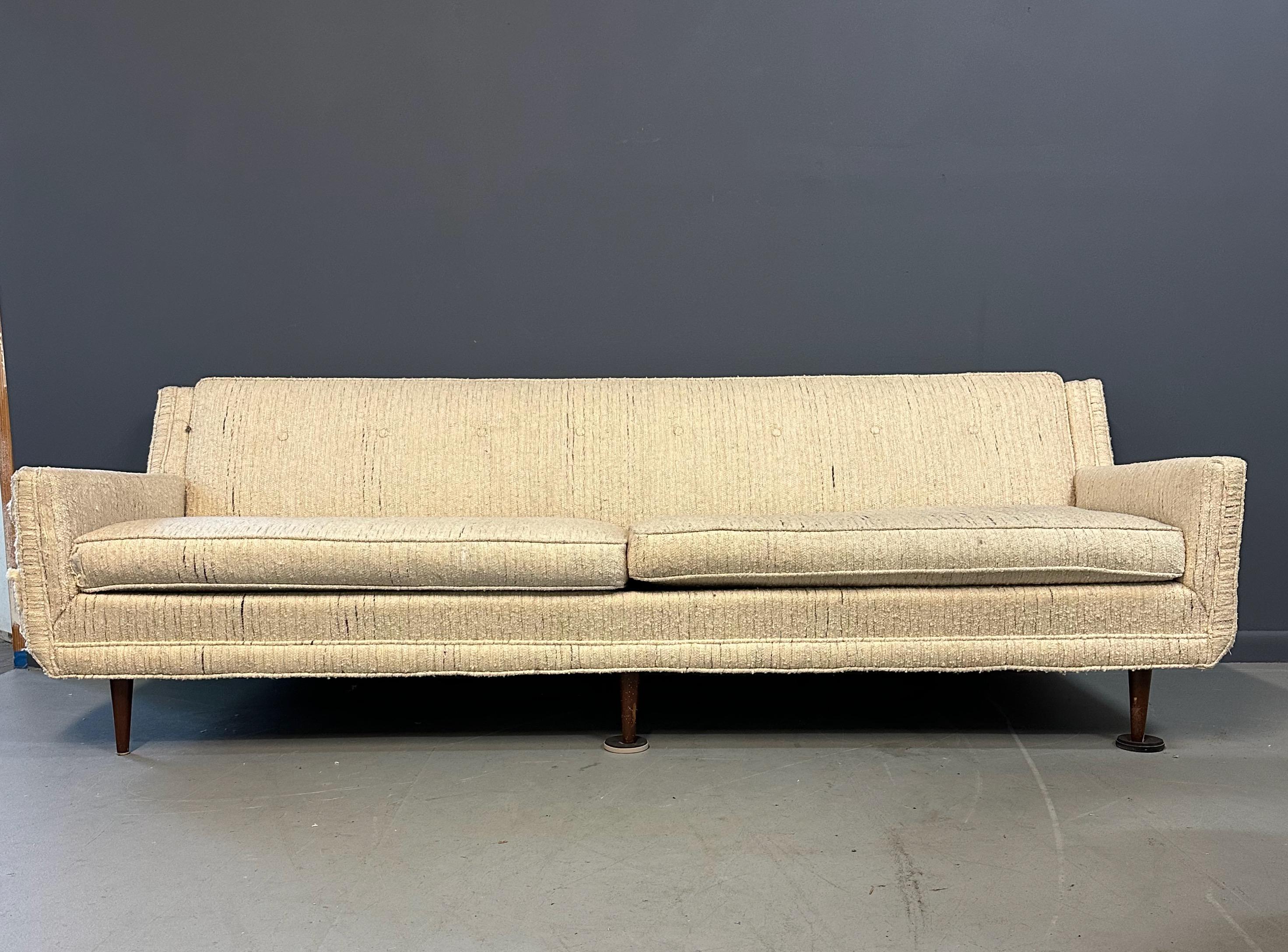 North American Early Milo Baughman Style Mid Century Large Sofa on Walnut Legs