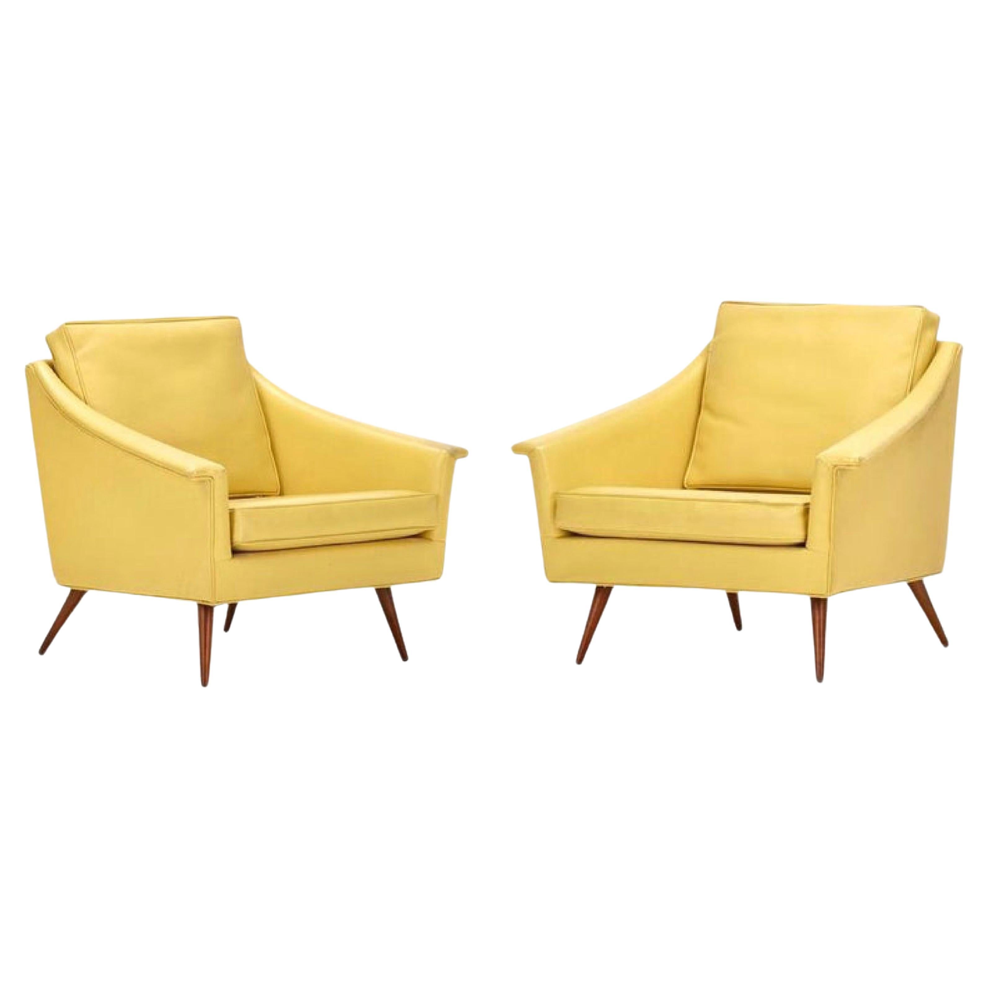 Early Milo Baughman butter yellow leather modern lounge chair set of two. James Inc/ Thayer Coggin, 1950s. Labelled. Early pieces from Milo Baughman from his early career (James Inc). Listing is for single chair. Each chair retains original label.