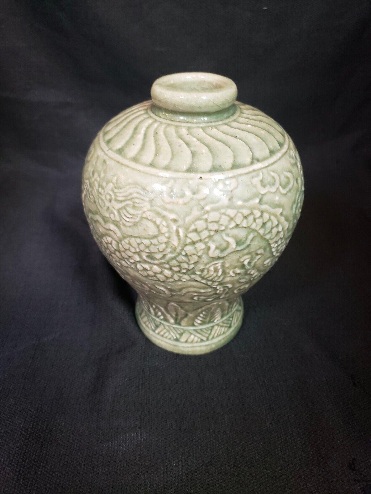 Early Ming dynasty “Dragon and Spring”floral pattern porcelain plum vase/ 
Item measurement: H: 7 inch approximate W: 5 inch
Material: porcelain 
Condition: As antique porcelain consider to be good condition,shows normal signs of wear and use.