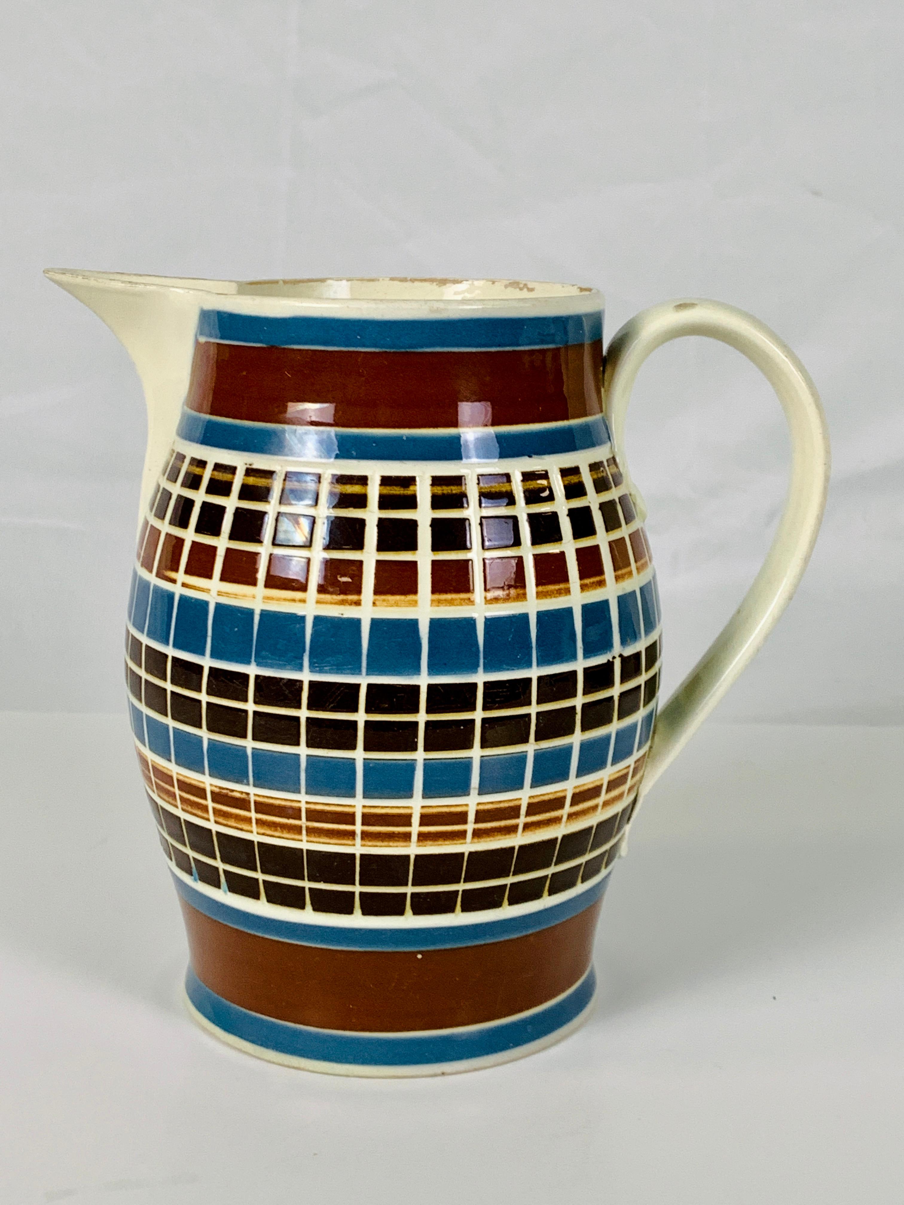 Country Early Mochaware Pitcher Cut Through the Colored Slip Made in England, circa 1800