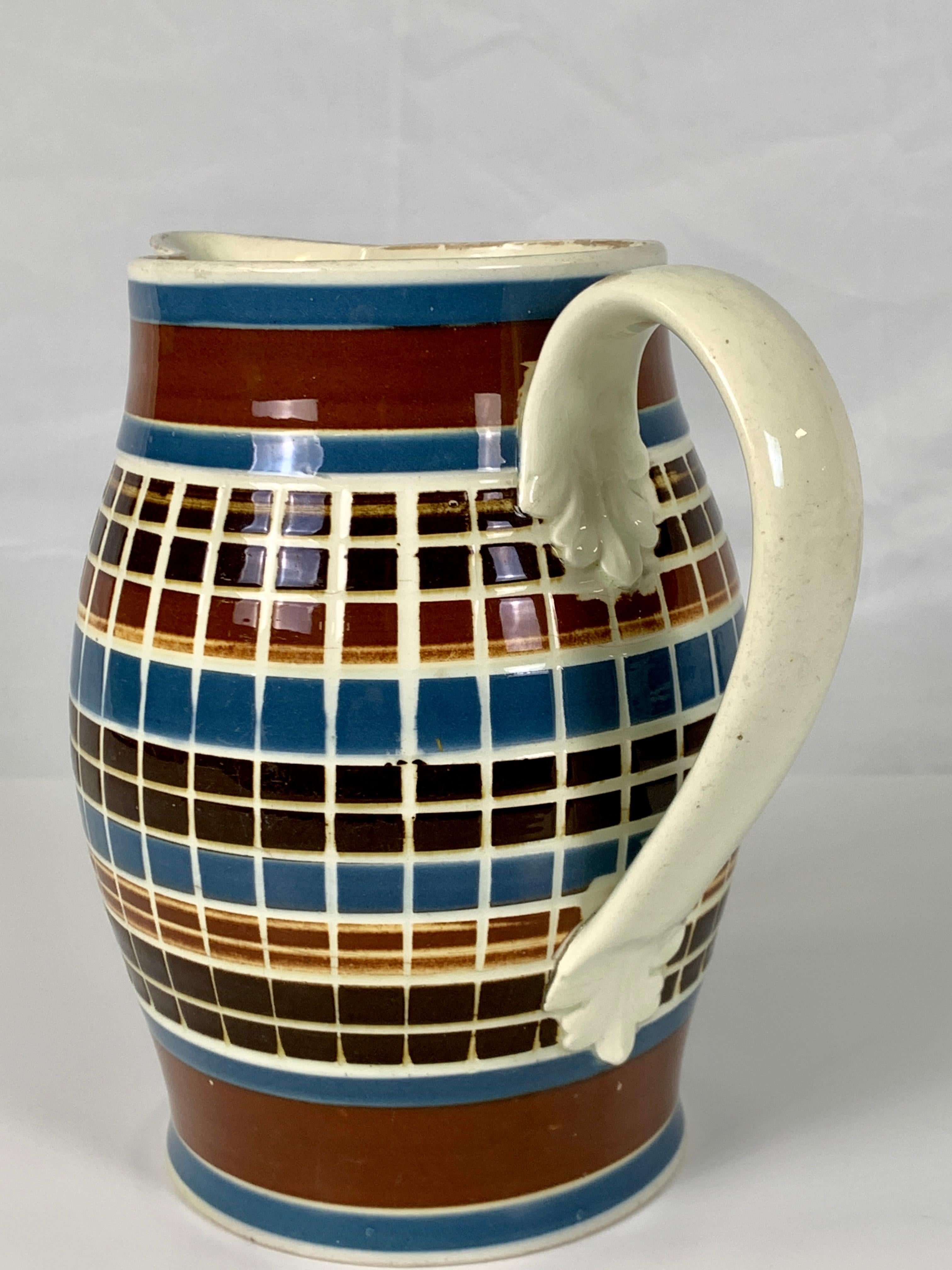 English Early Mochaware Pitcher Cut Through the Colored Slip Made in England, circa 1800