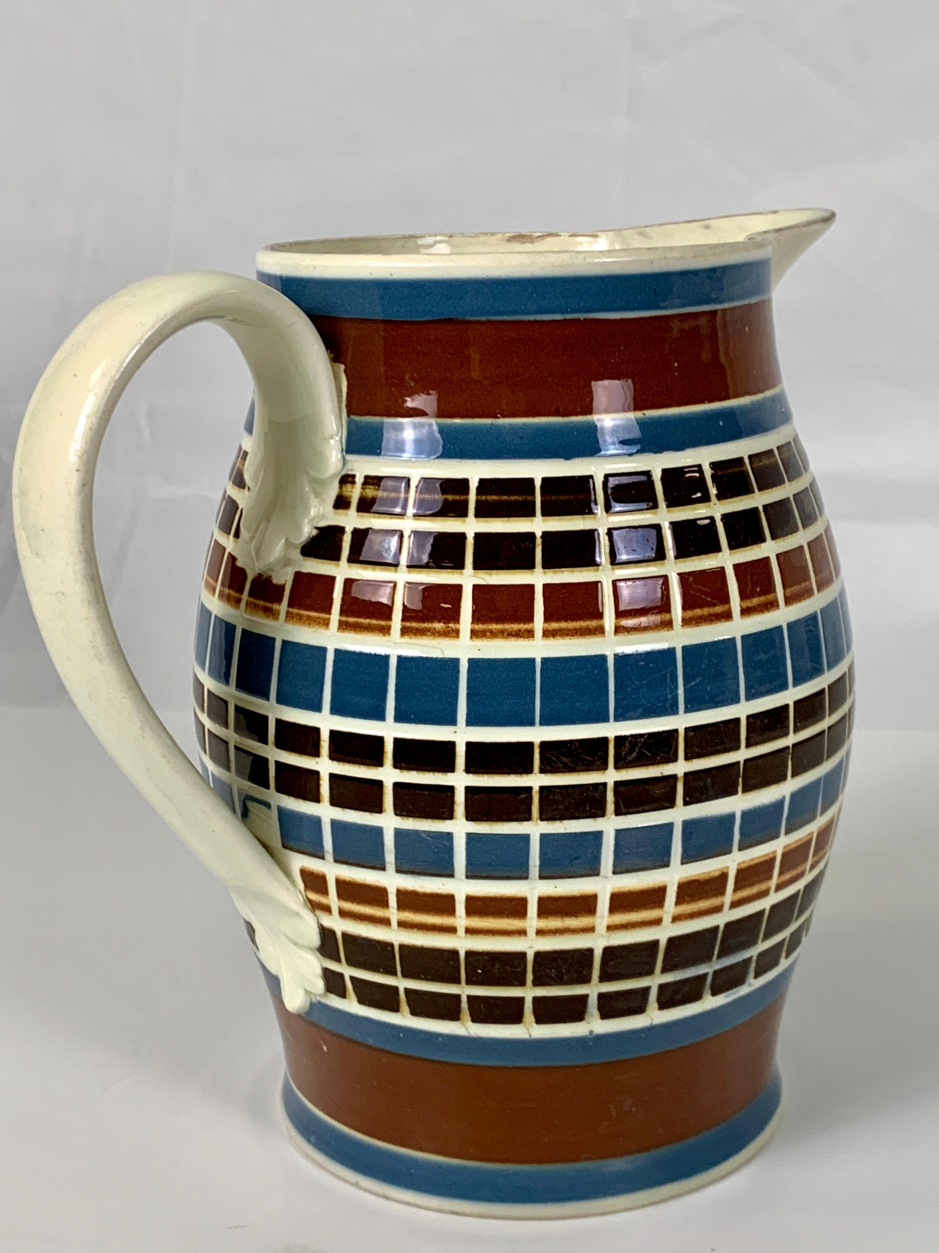 19th Century Early Mochaware Pitcher Cut Through the Colored Slip Made in England, circa 1800