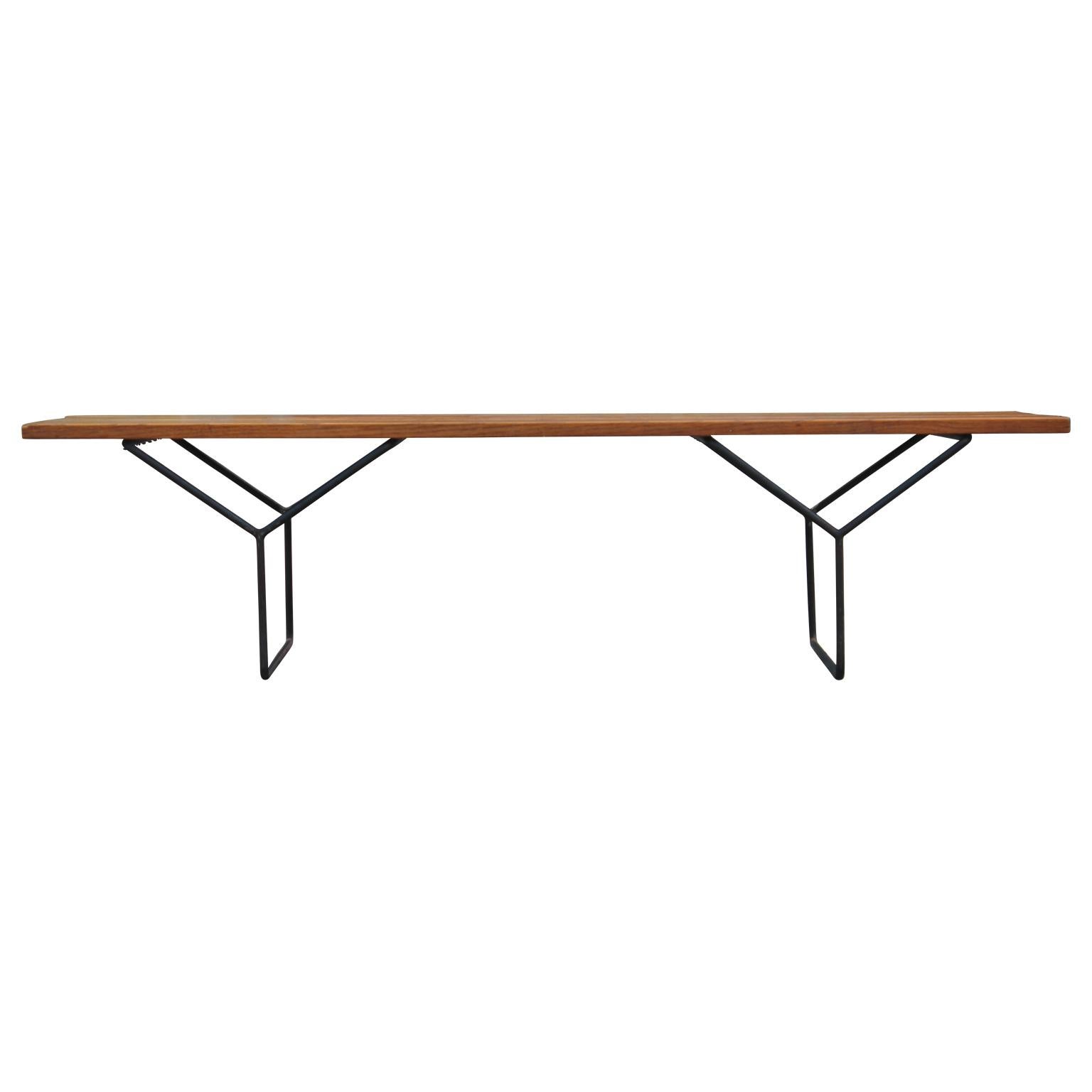 American Early Modern Harry Bertoia for Knoll Iron and Oak Rectangular Slat Bench