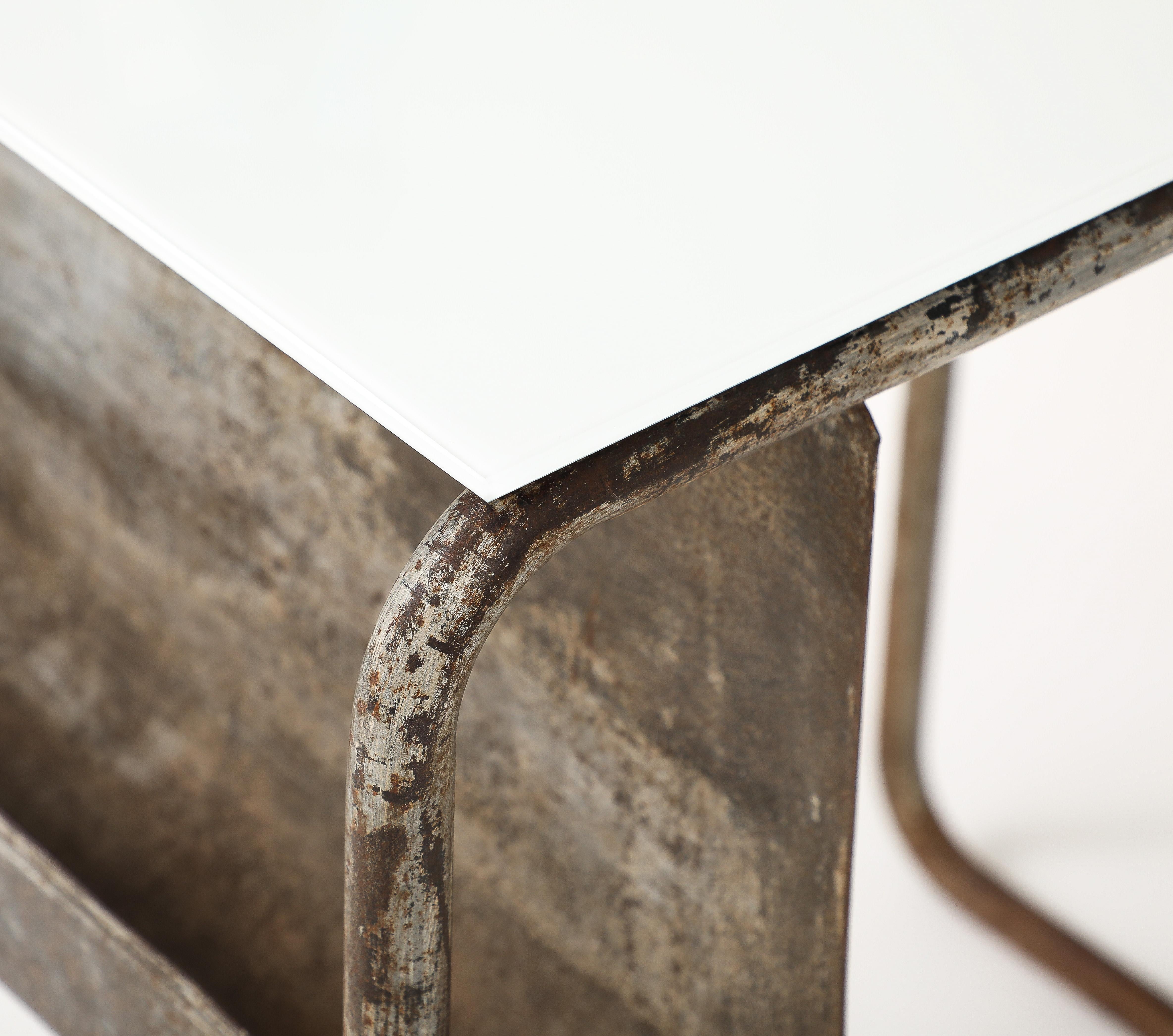 Early Modernist Desk Side Table, Nickel Patina, Opaline Top, France, c. 1920 For Sale 6