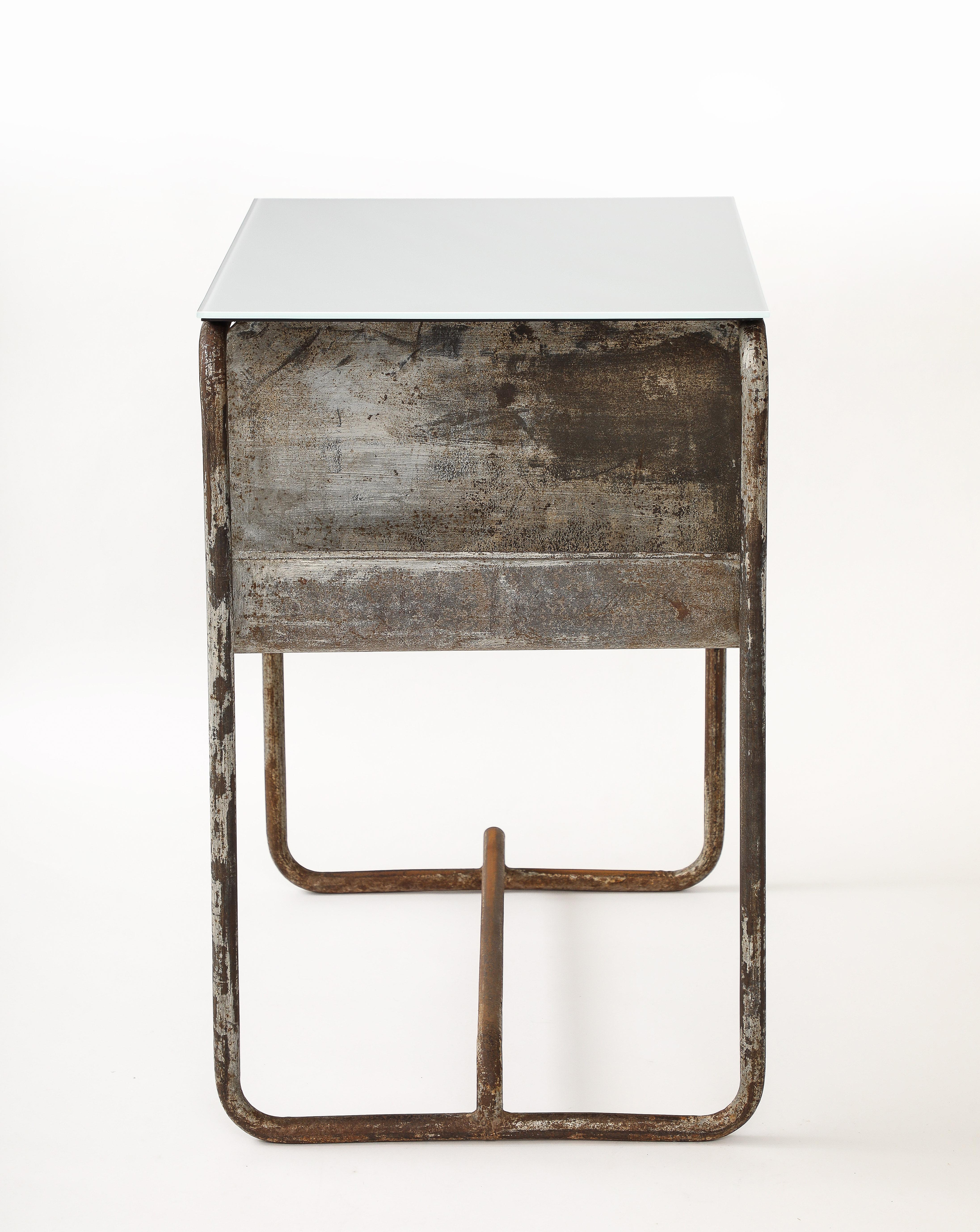 Early Modernist Desk Side Table, Nickel Patina, Opaline Top, France, c. 1920 For Sale 7