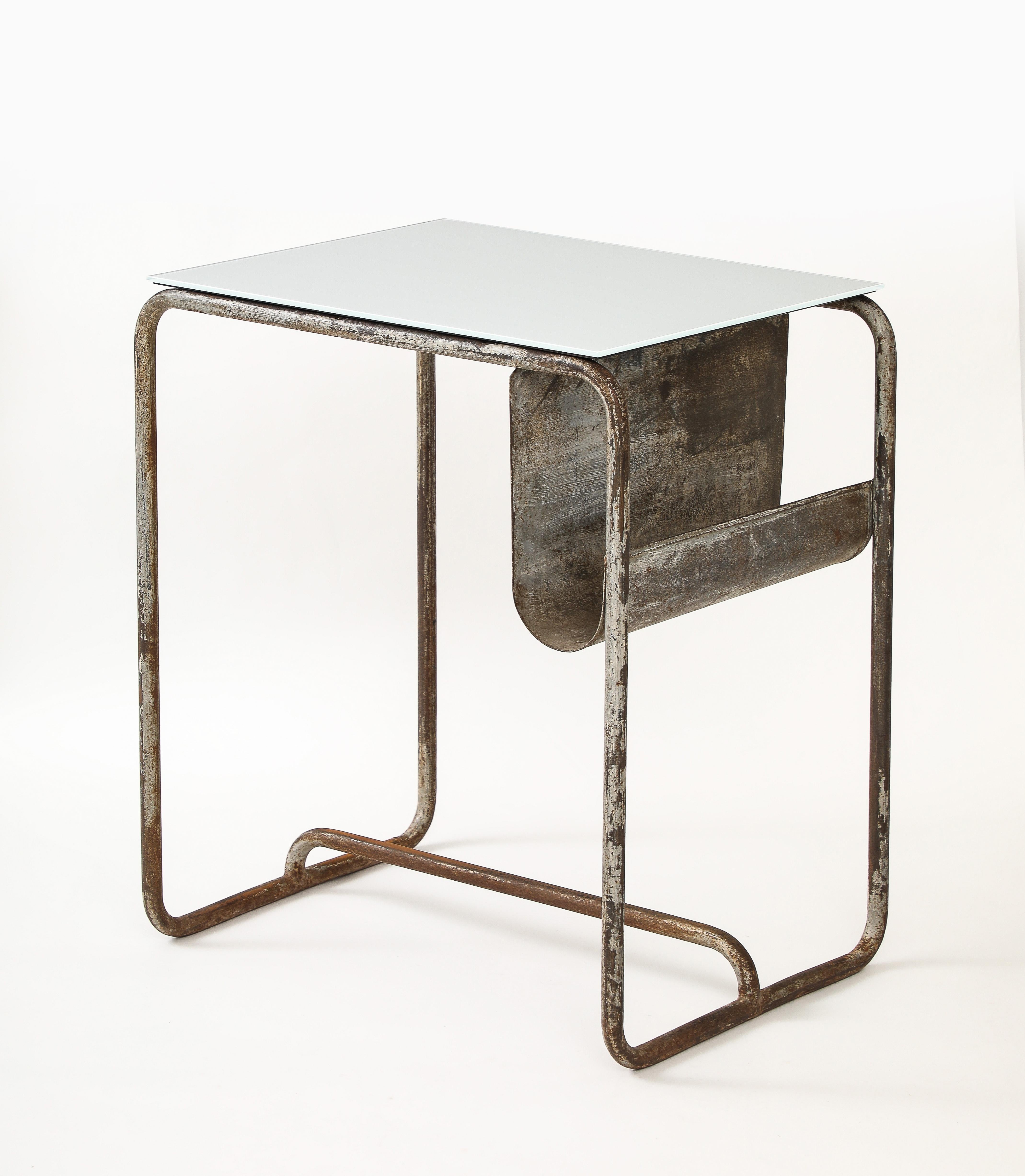 Early Modernist Desk Side Table, Nickel Patina, Opaline Top, France, c. 1920 For Sale 8