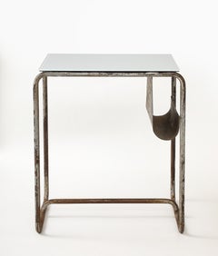 Early Modernist Desk Side Table, Nickel Patina, Opaline Top, France, c. 1920